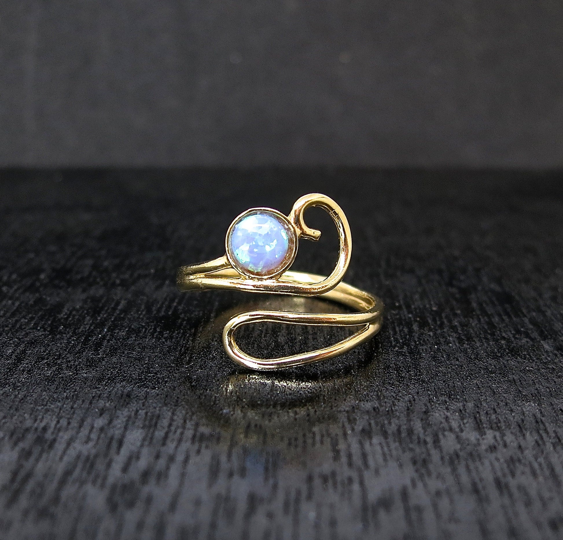 Opal 14k gold ring, Blue stone adjustable solid 14k gold ring