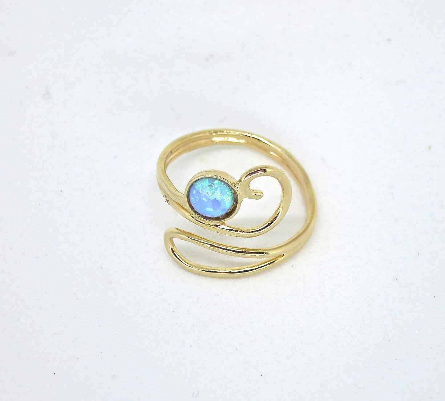 Opal 14k gold ring, Blue stone adjustable solid 14k gold ring