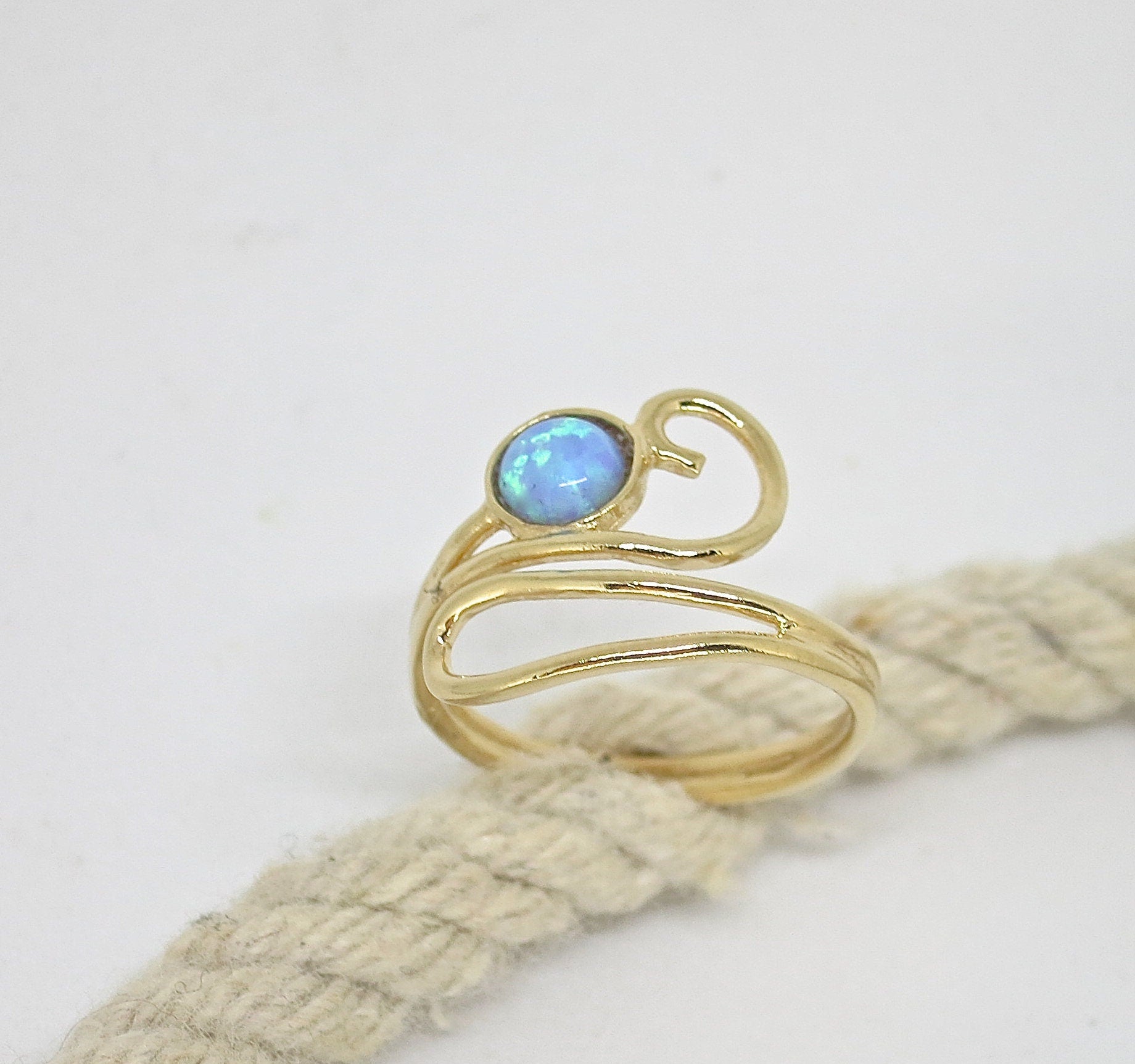 Opal 14k gold ring, Blue stone adjustable solid 14k gold ring