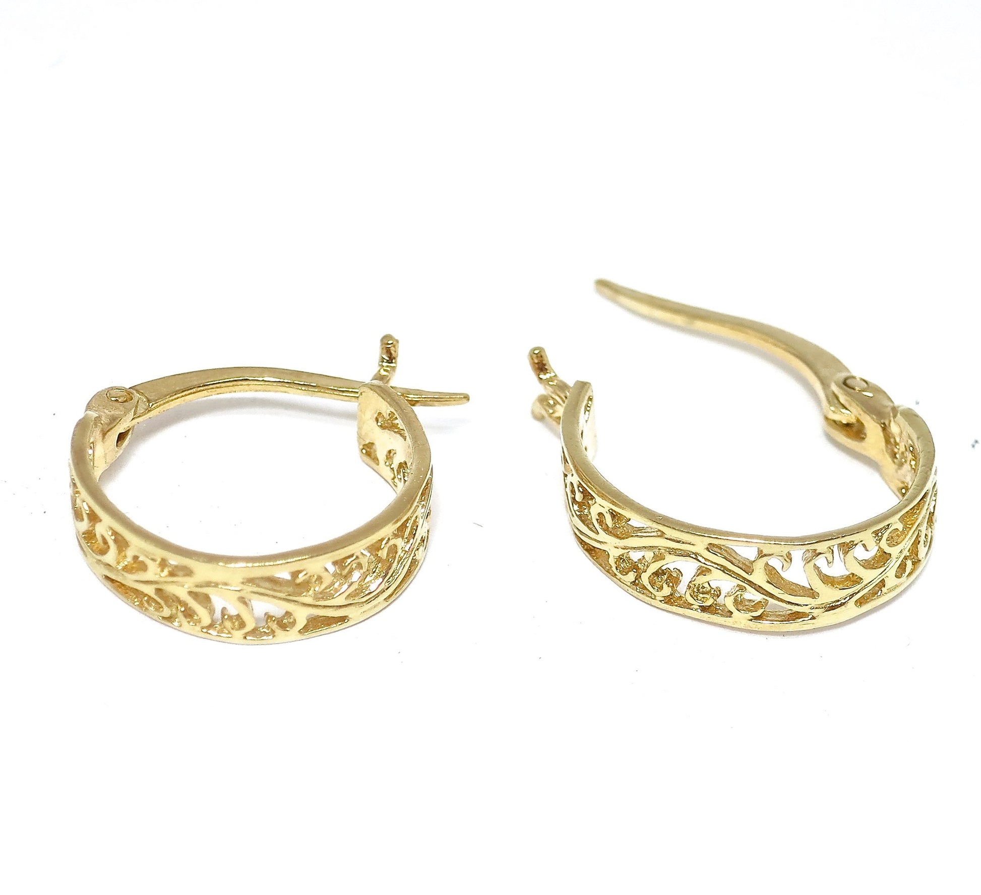 Filigree gold hoop earrings for women, 14K solid gold earrings, Statement gold hoops