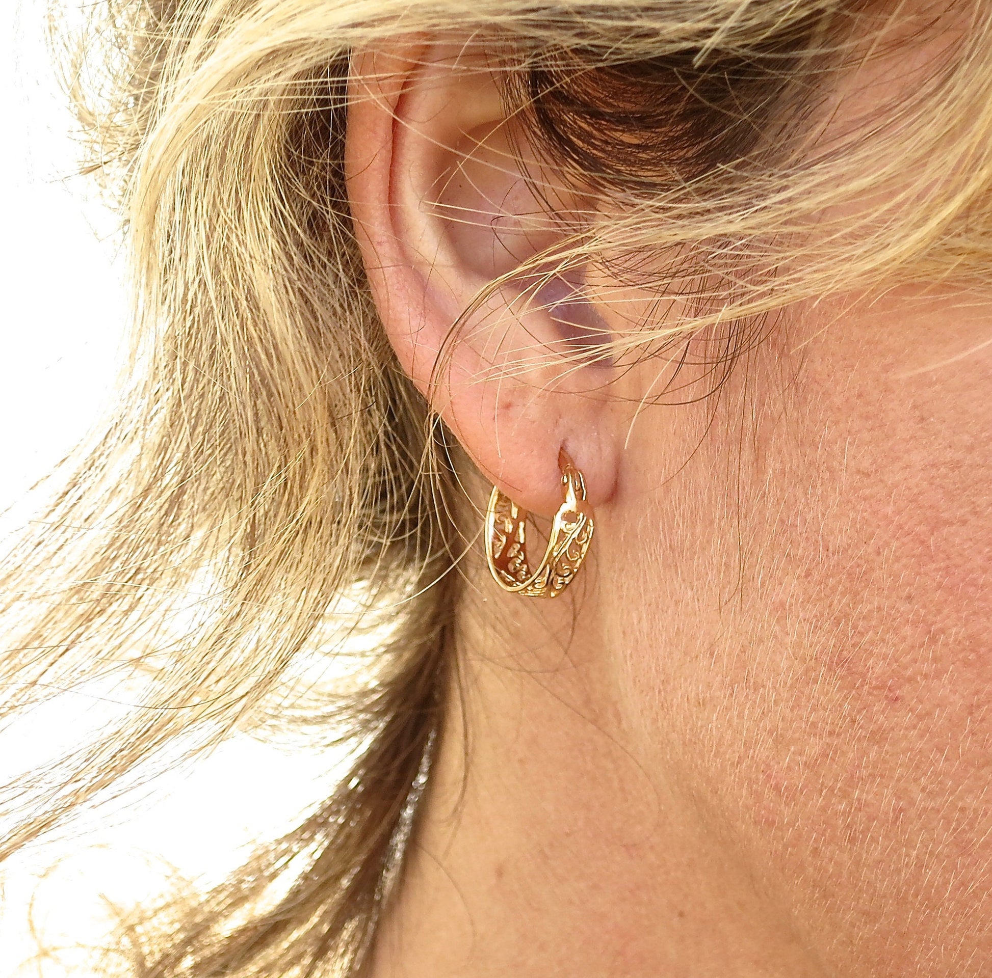 Filigree gold hoop earrings for women, 14K solid gold earrings, Statement gold hoops