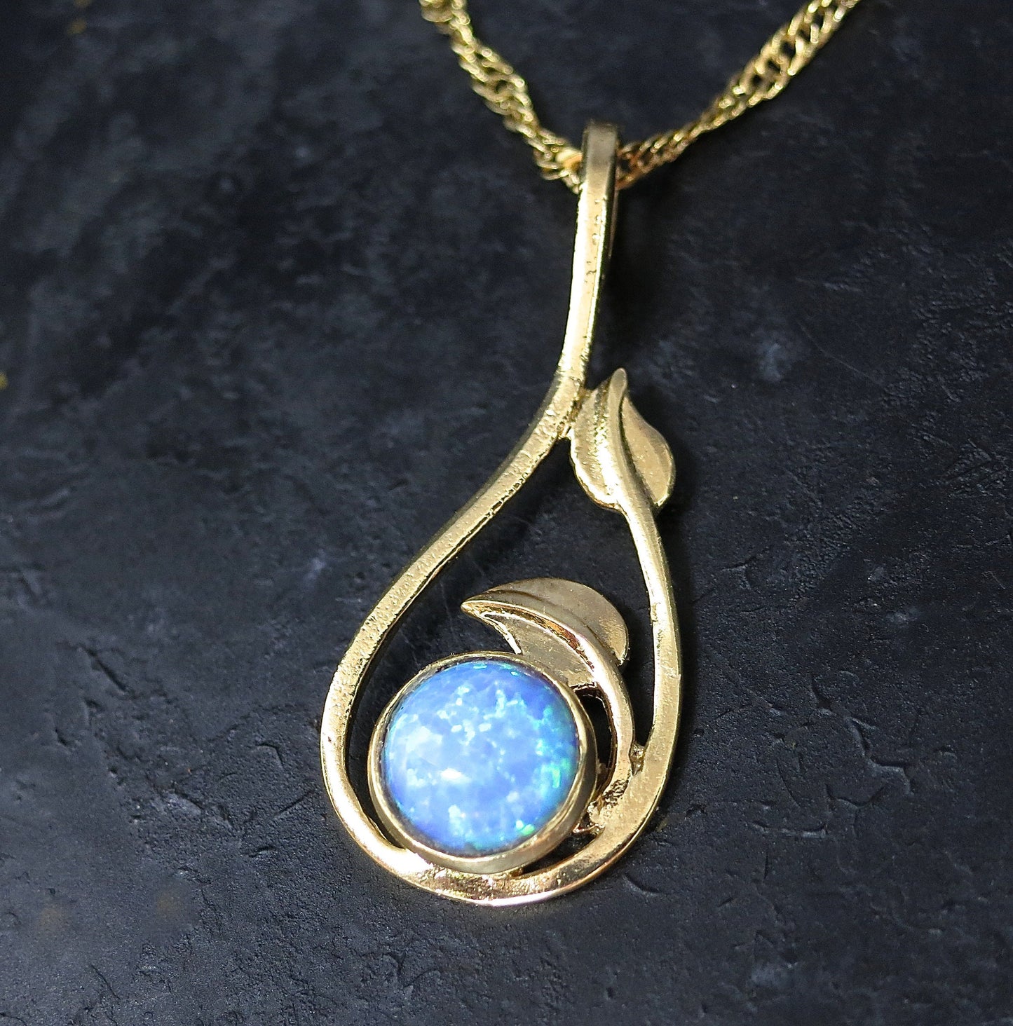 Solid 14k Gold Opal Necklace for women, Unique real gold Blue opal Pendant necklace with Leaves