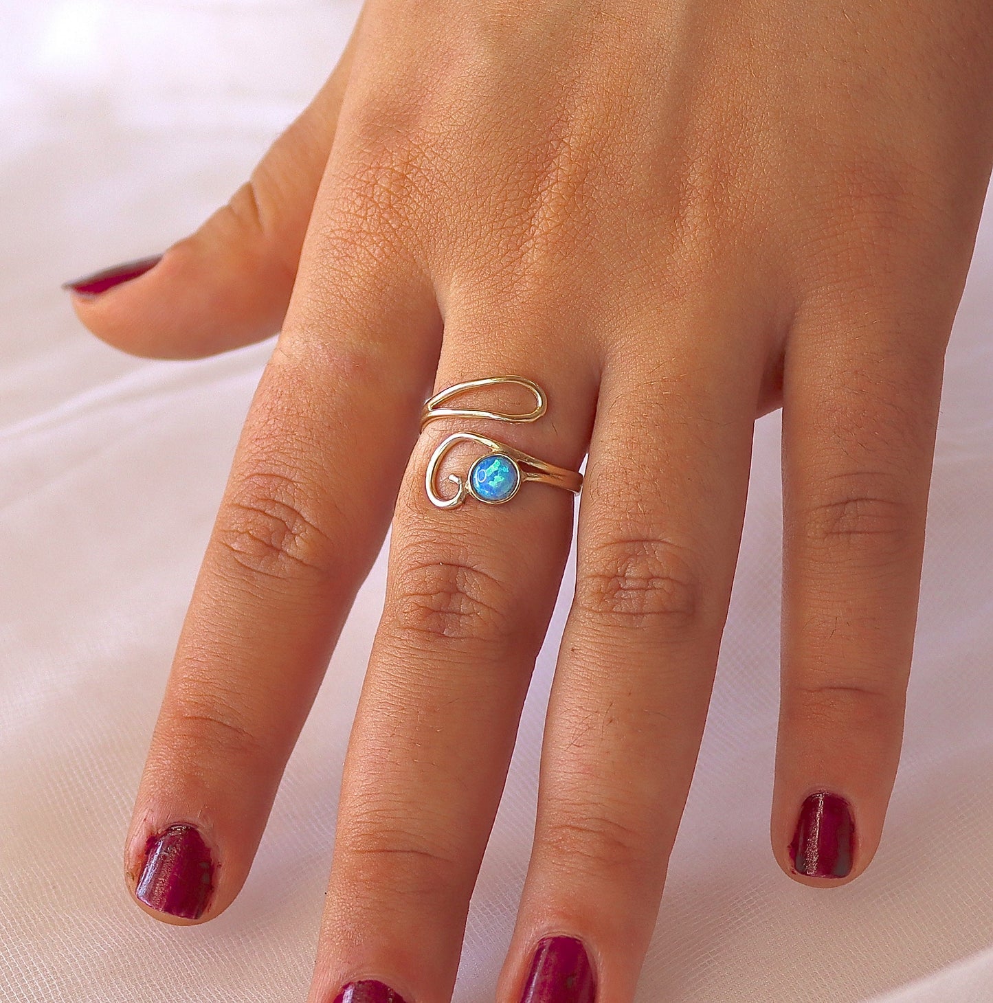 Opal 14k gold ring, Blue stone adjustable solid 14k gold ring