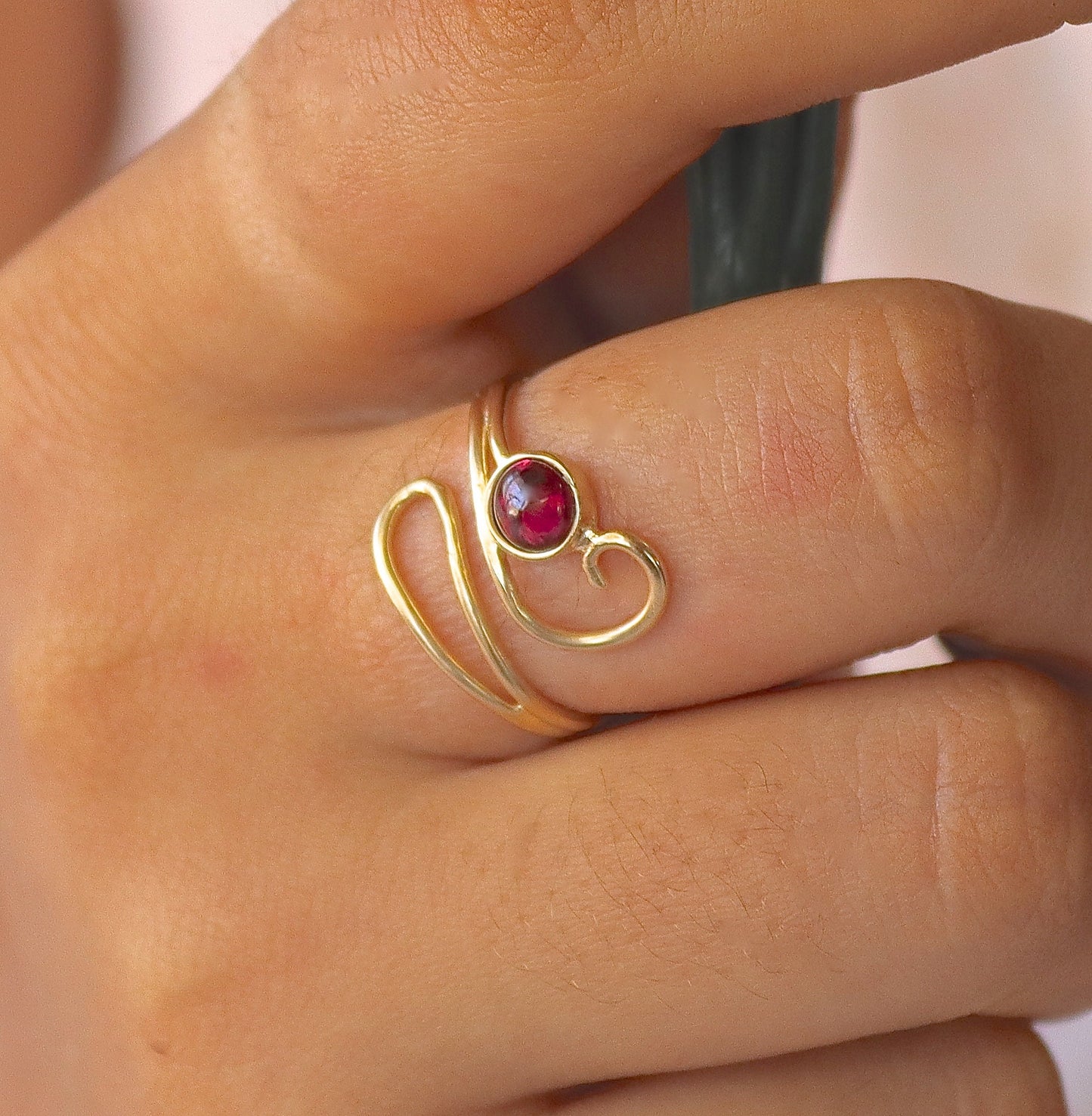 Boho Garnet Ring: Solid 14K Adjustable Gold, Unique Women's Ring