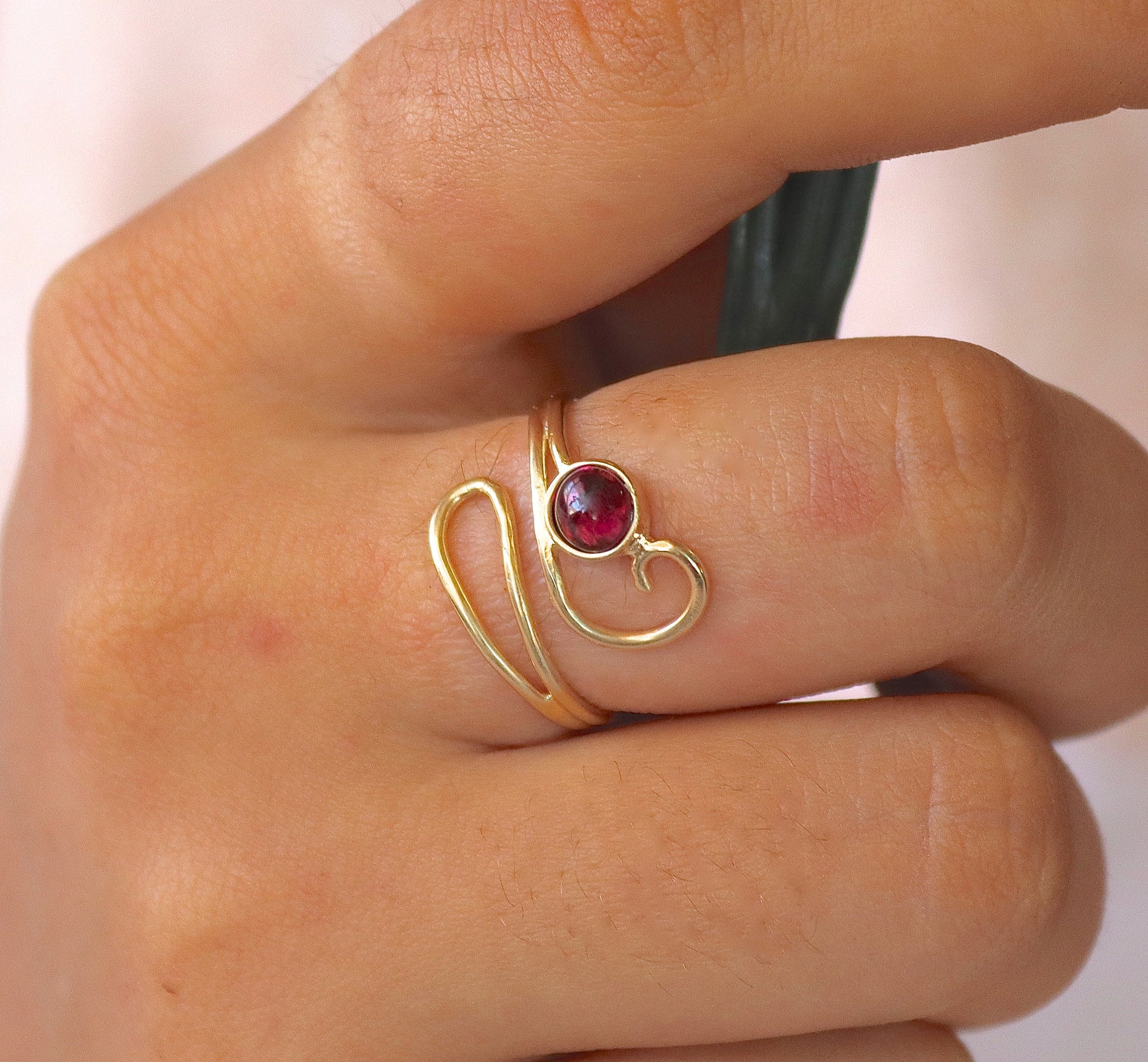 Boho Garnet Ring: Solid 14K Adjustable Gold, Unique Women's Ring