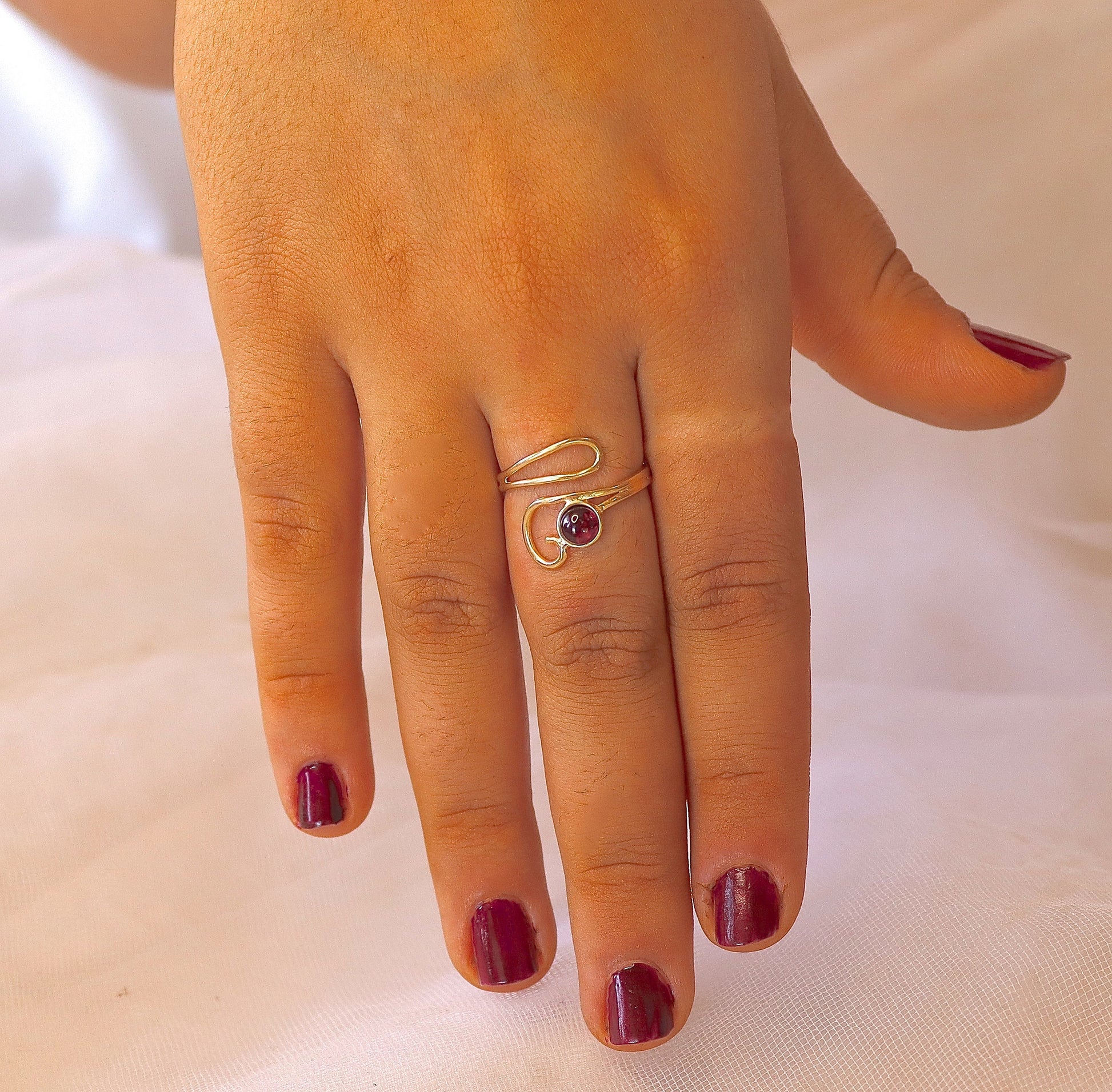 Boho Garnet Ring: Solid 14K Adjustable Gold, Unique Women's Ring