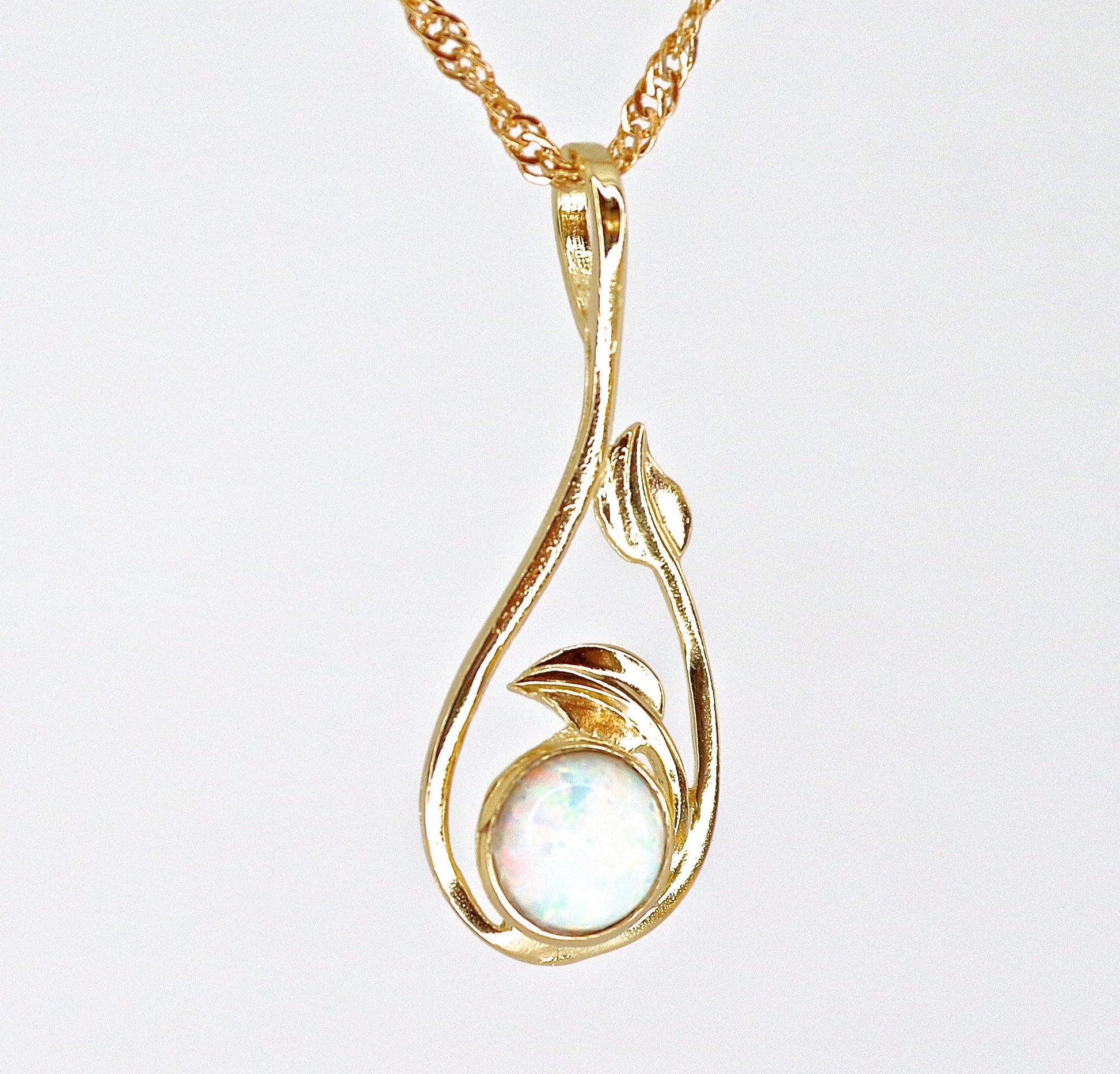 White Opal 14k solid gold necklace, Opal leaf Pendant