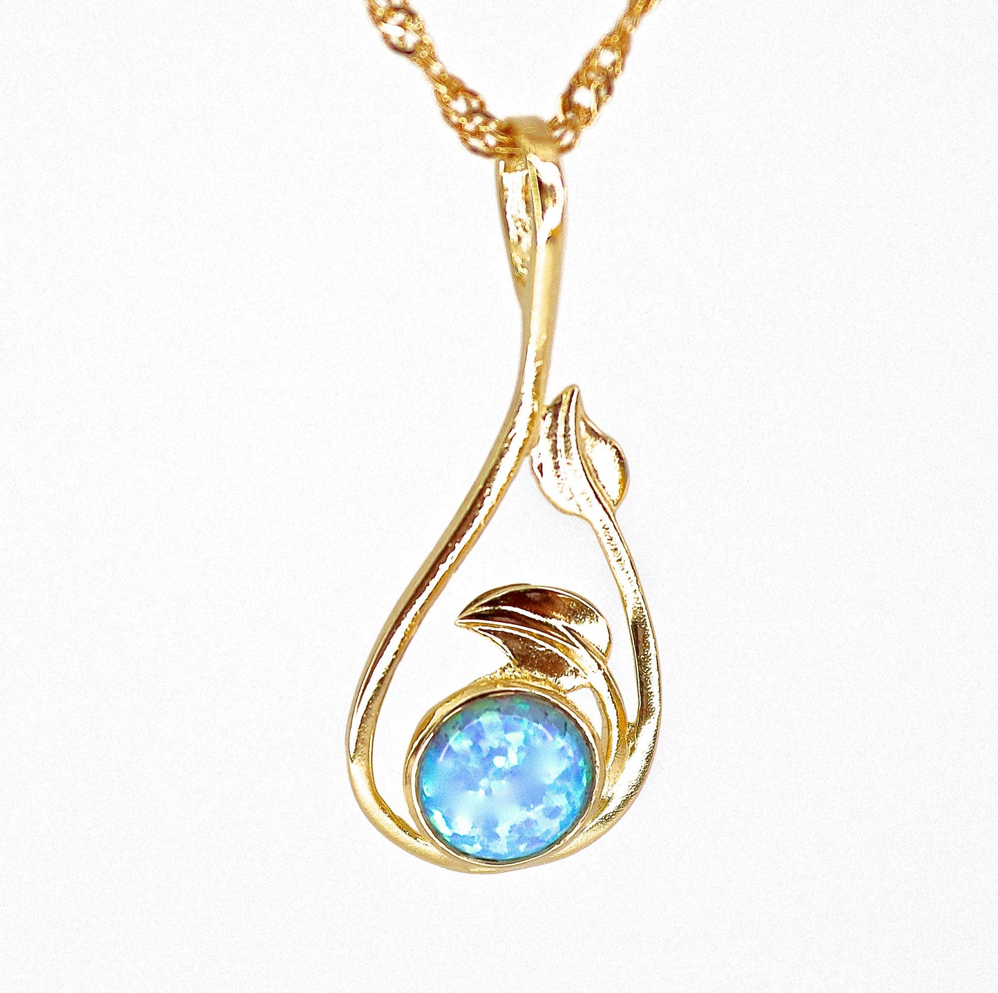 Opal necklace, White Opal 14k solid gold necklace, Opal leaf Pendant