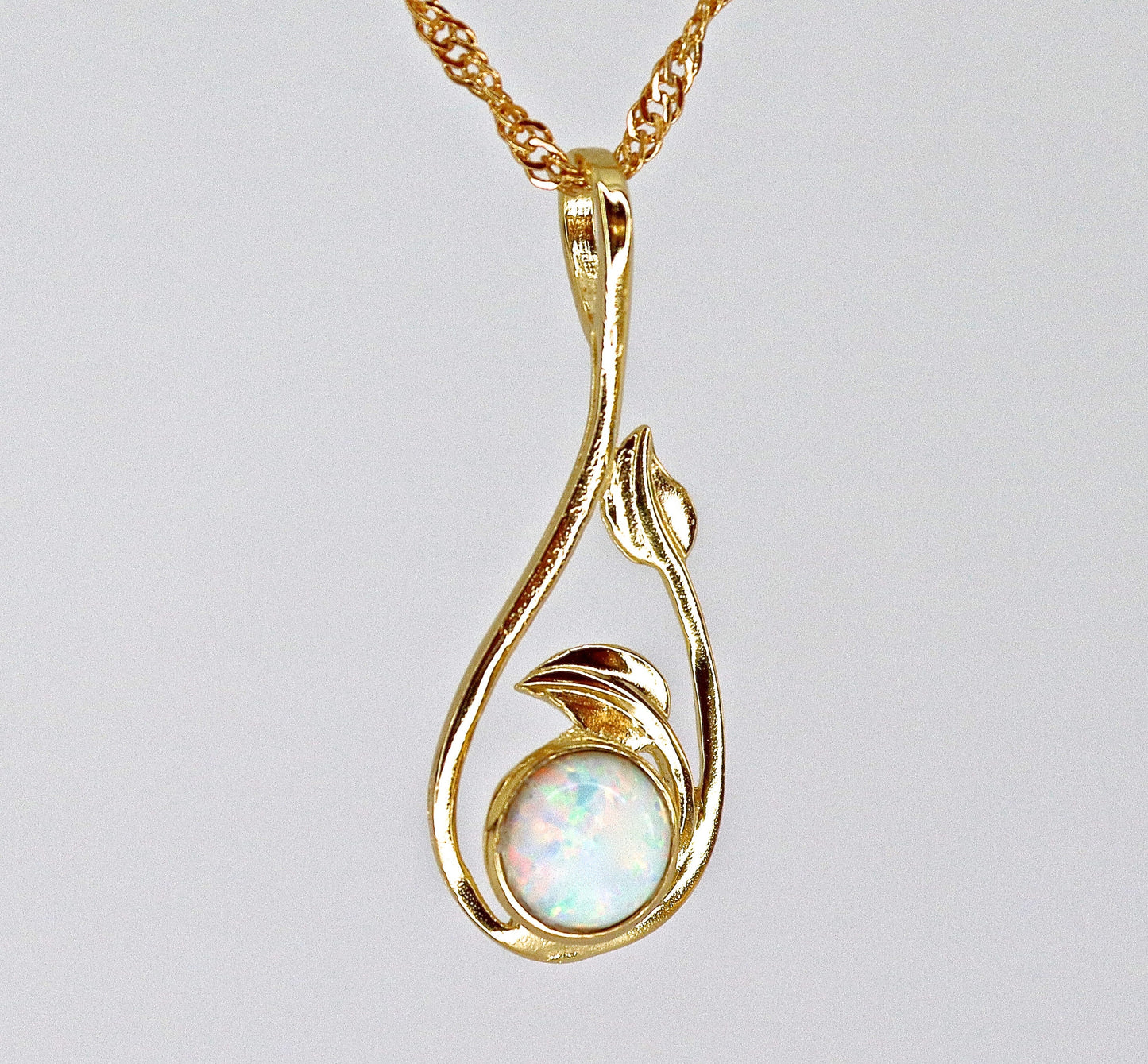 Opal necklace, White Opal 14k solid gold necklace, Opal leaf Pendant
