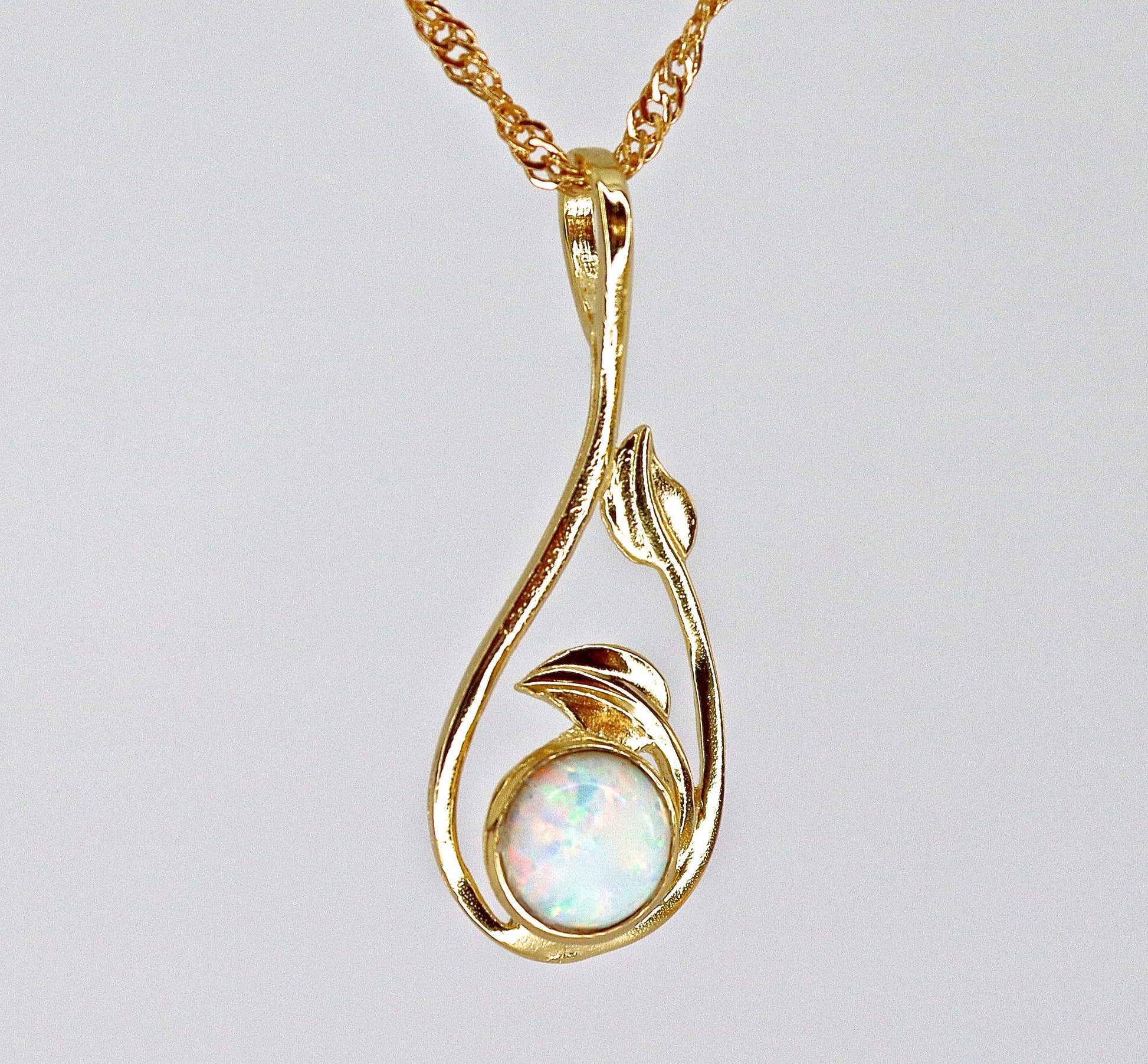 Opal necklace, White Opal 14k solid gold necklace, Opal leaf Pendant
