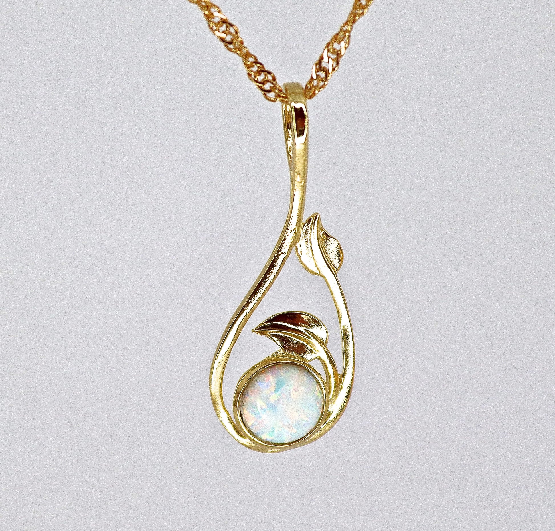 Opal necklace, White Opal 14k solid gold necklace, Opal leaf Pendant