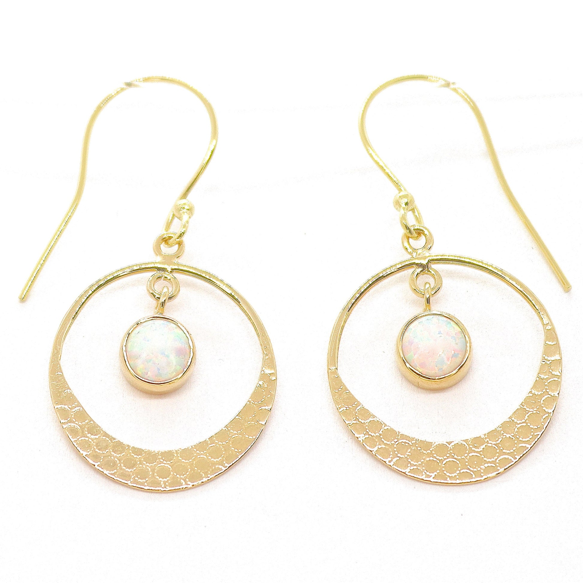 Opal 14k gold dangle hoop earrings, White Opal circle Earrings