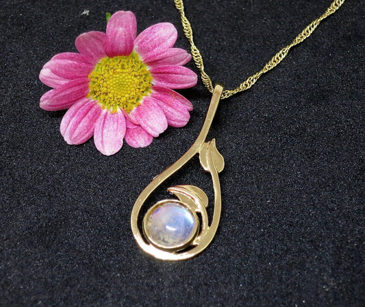 Moonstone gold necklace, Solid 14k gold leaf necklace pendant