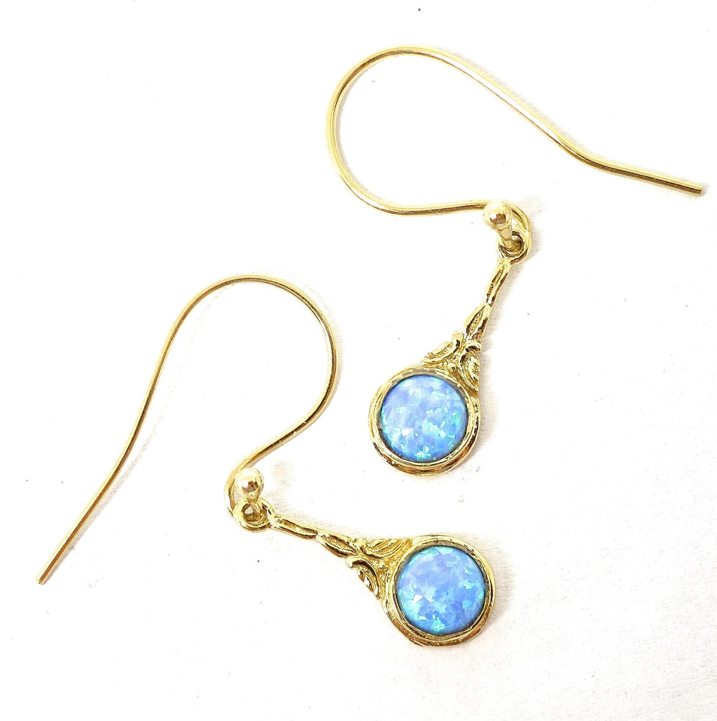 Opal 14k solid gold dangle earrings victorian style, Blue opal earrings