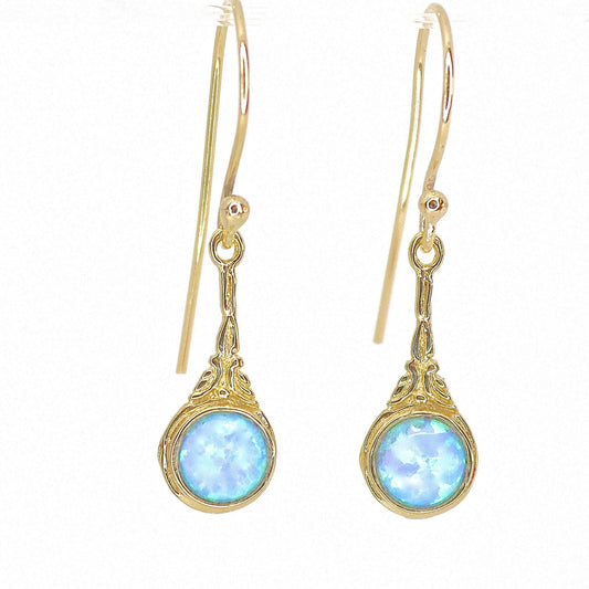 Opal earrings, 14k solid gold blue opal dangle earrings victorian style