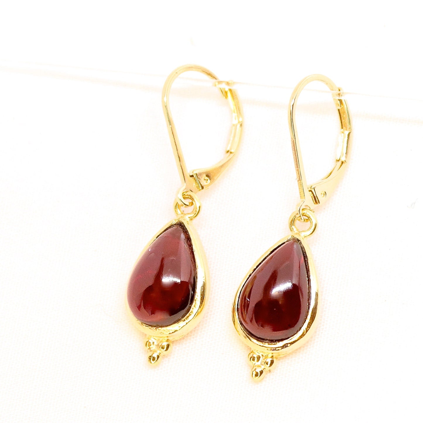 Garnet drop gold earrings, Real solid 14k gold Garnet teardrop dangle earring