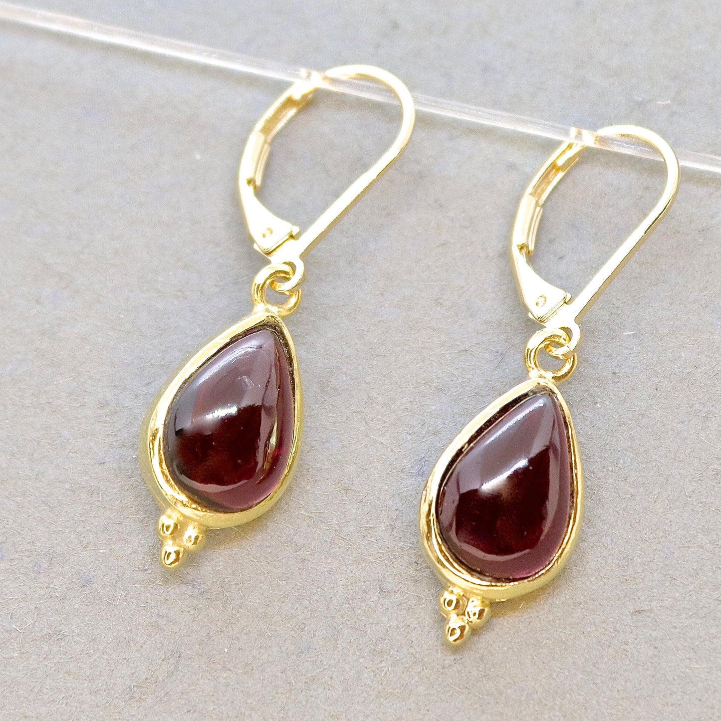 Garnet drop gold earrings, Real solid 14k gold Garnet teardrop dangle earring