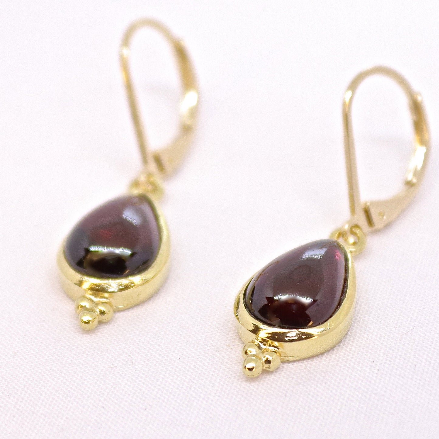 Garnet drop gold earrings, Real solid 14k gold Garnet teardrop dangle earring