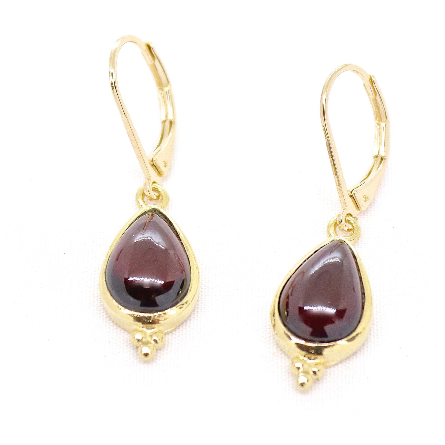 Garnet drop gold earrings, Real solid 14k gold Garnet teardrop dangle earring