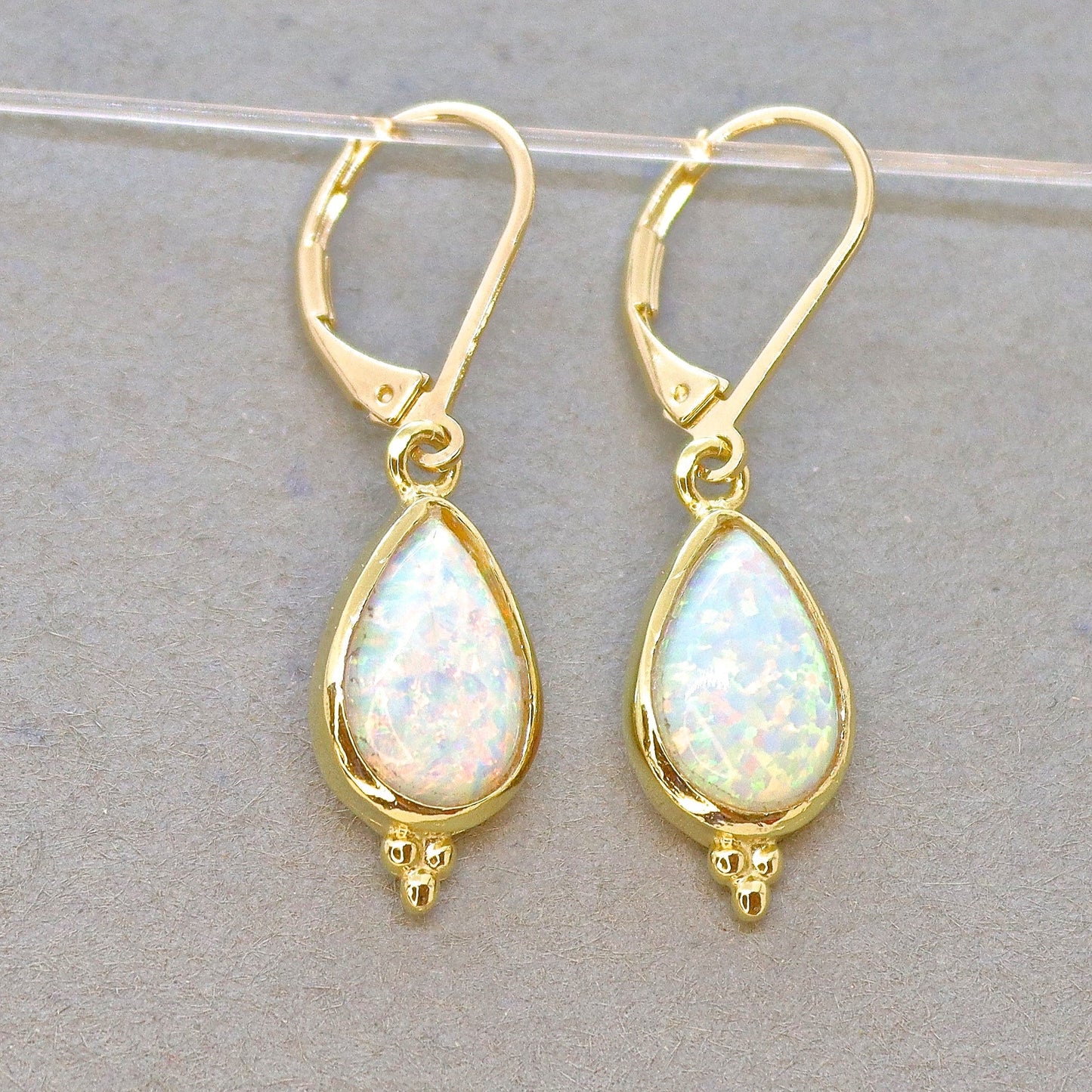 White Opal teardrop 14k solid gold dangle earring for woman