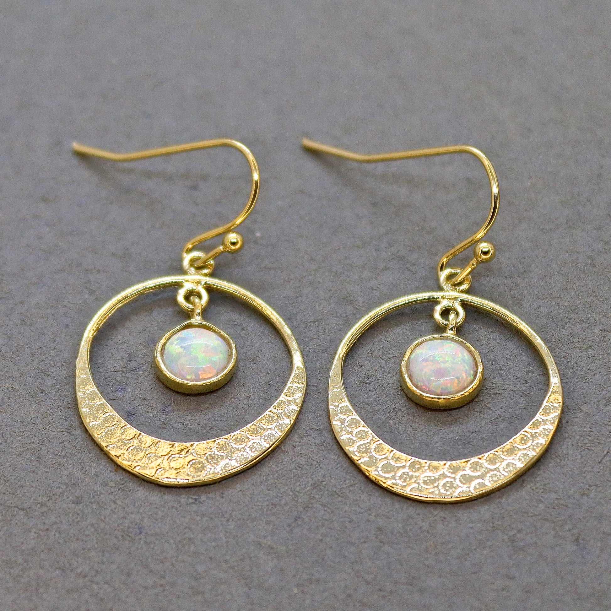 Opal 14k gold dangle hoop earrings, White Opal circle Earrings
