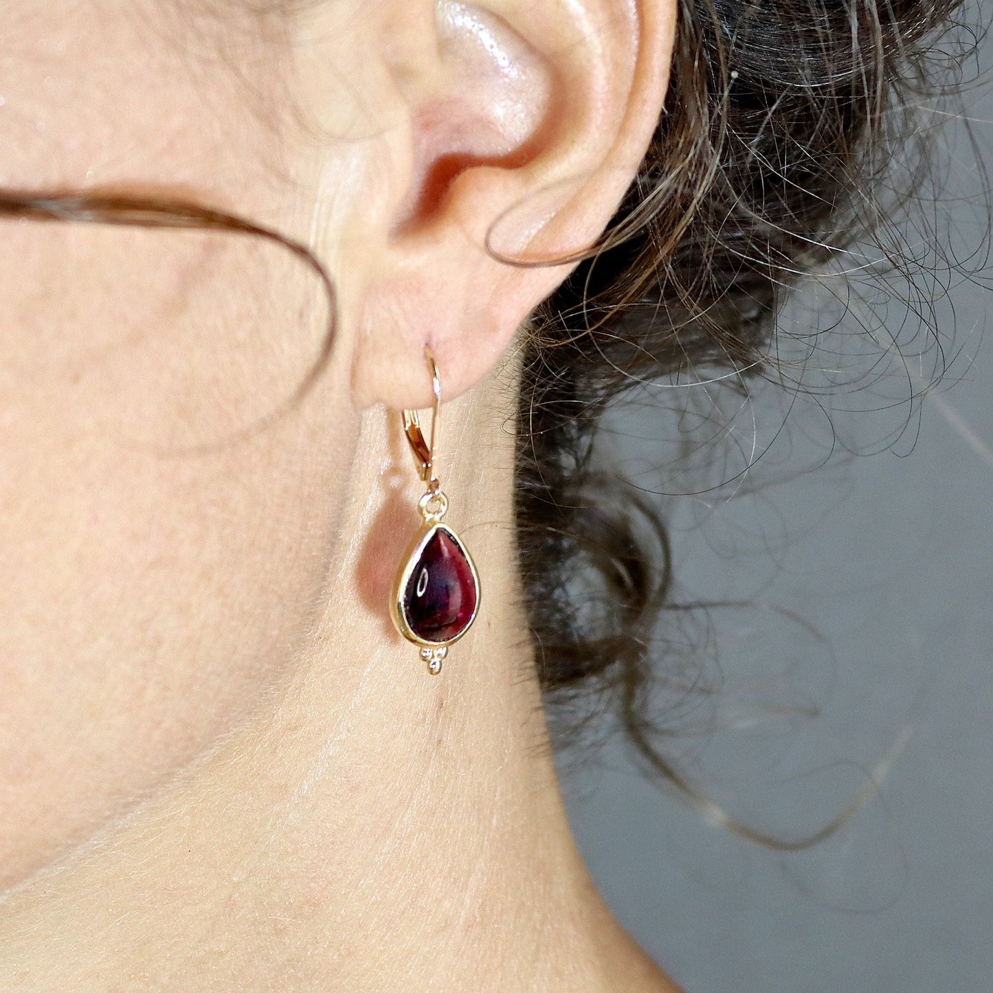 Garnet drop gold earrings, Real solid 14k gold Garnet teardrop dangle earring