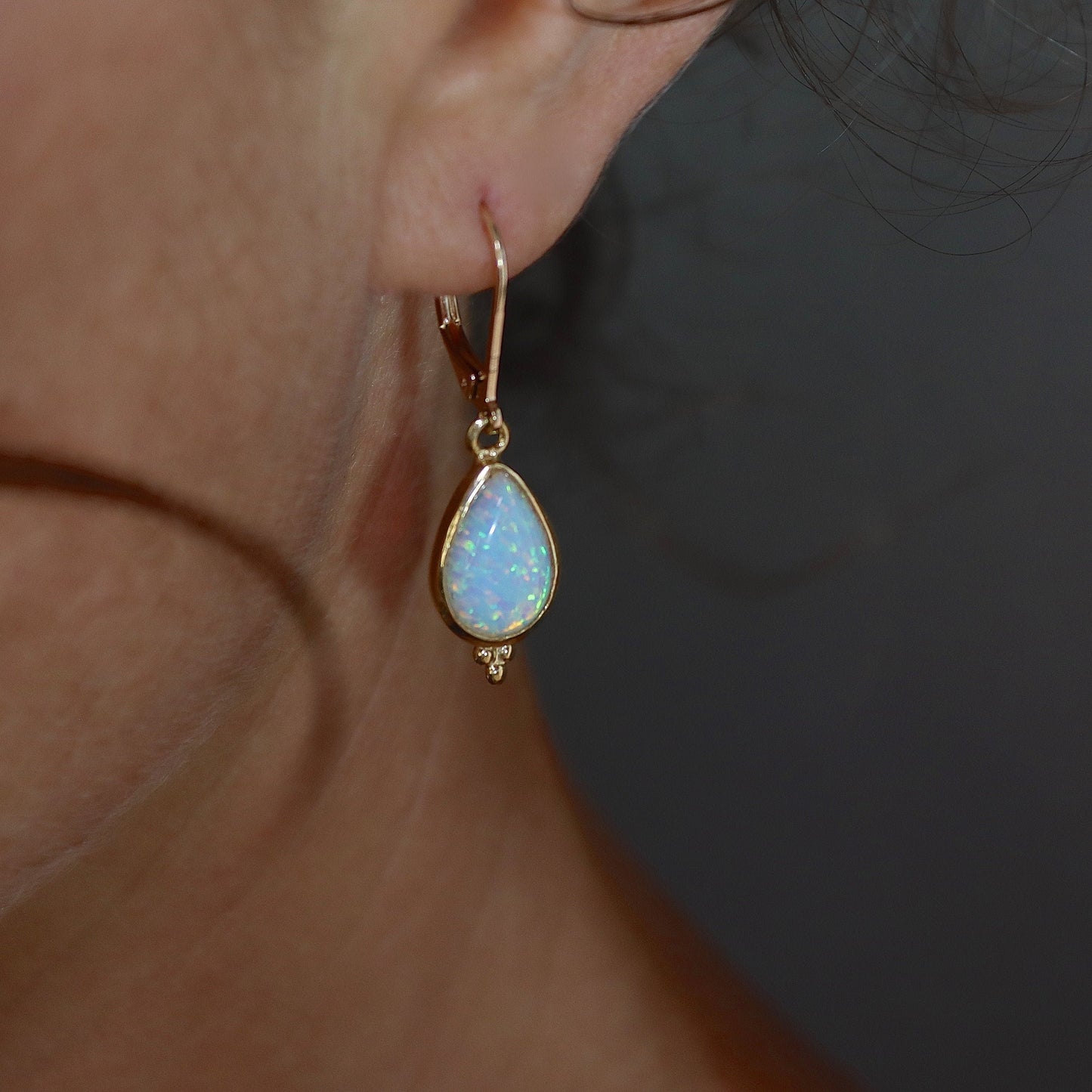 White Opal teardrop 14k solid gold dangle earring for woman