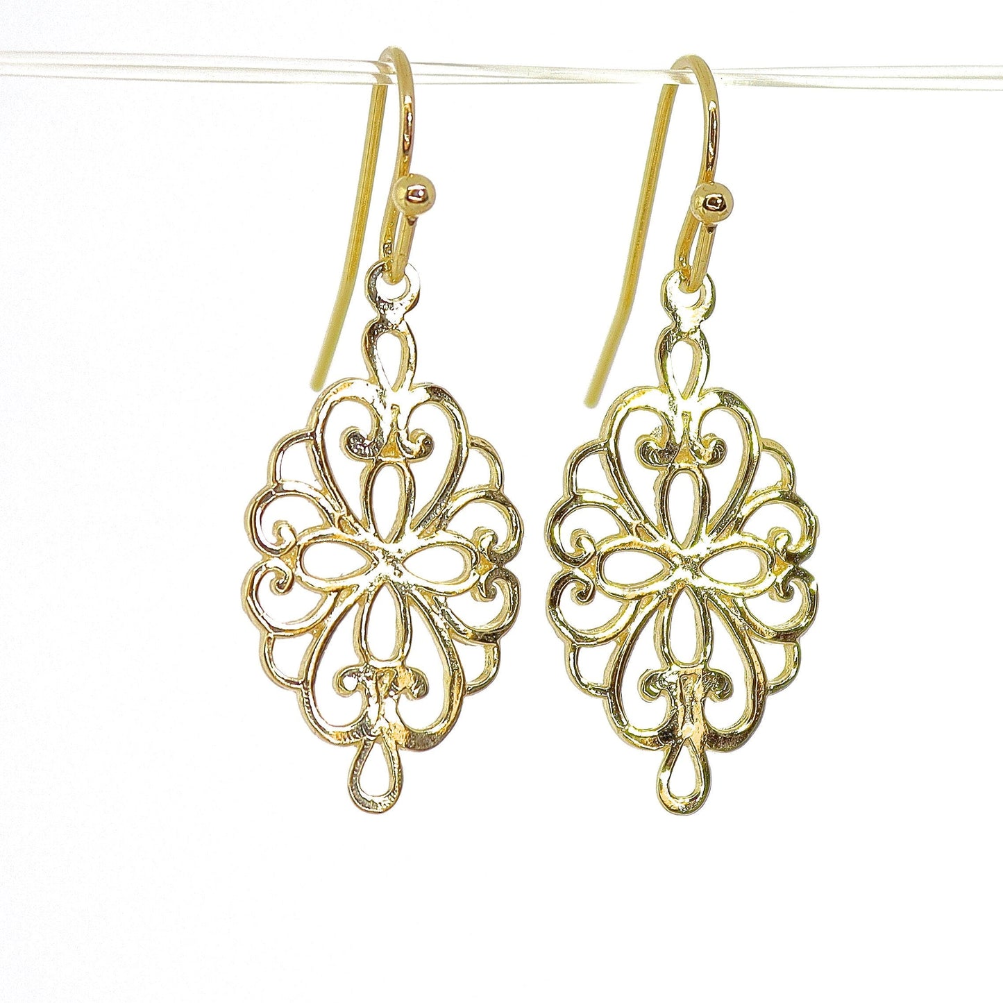 Solid gold filigree dangle earrings, 14k gold earrings, Victorian earrings