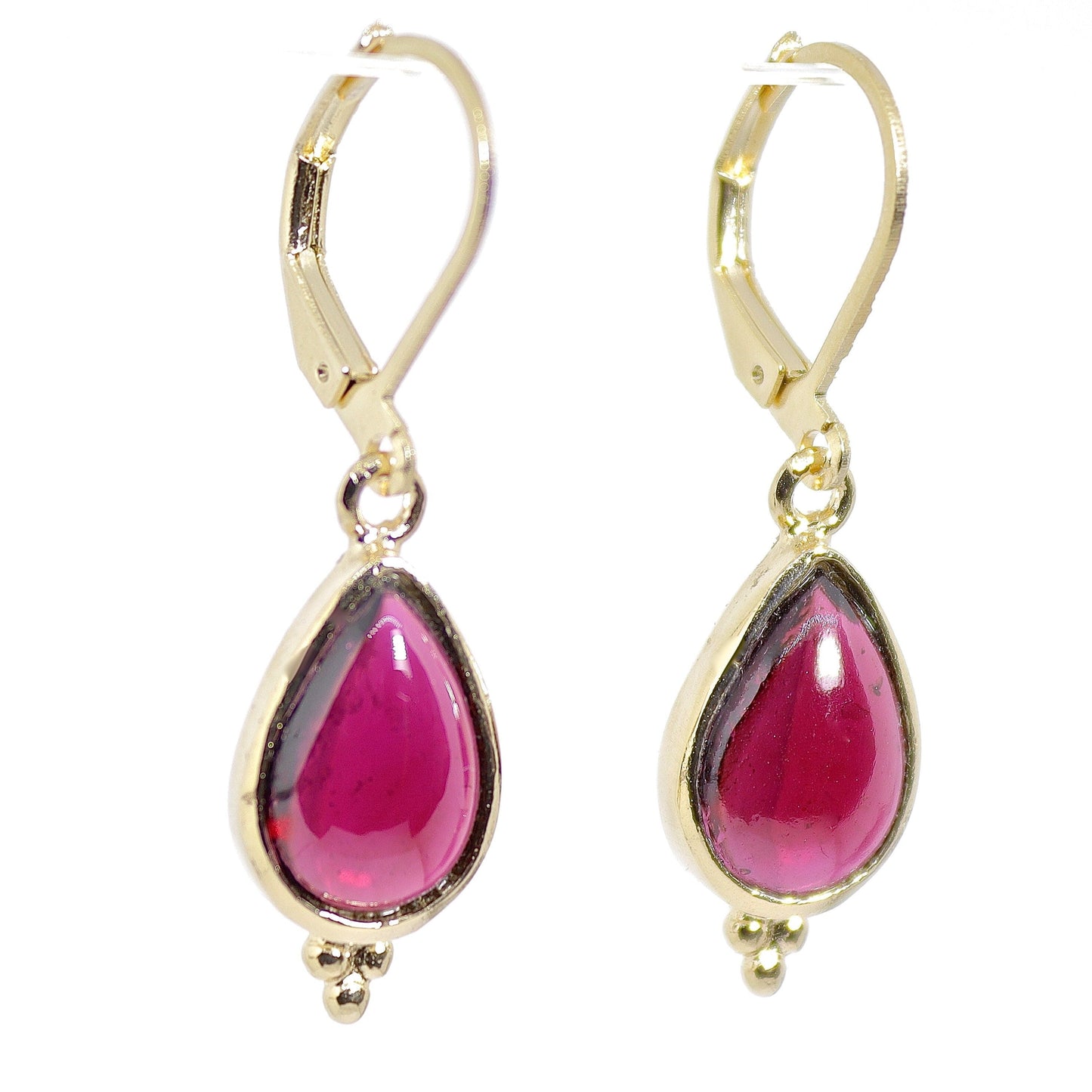 Garnet drop gold earrings, Real solid 14k gold Garnet teardrop dangle earring