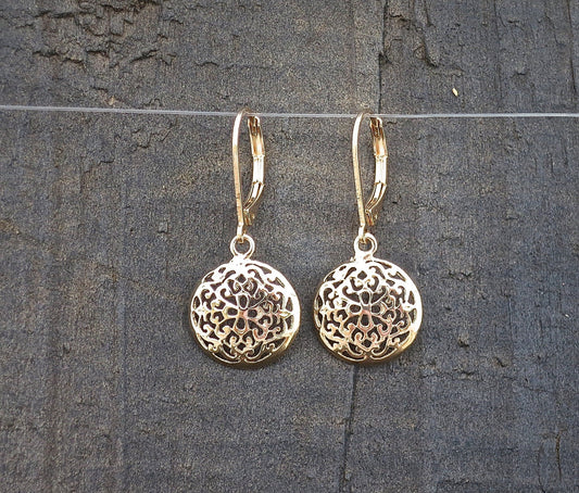 Filigree gold dangle earrings, Solid 14k gold victorian earrings