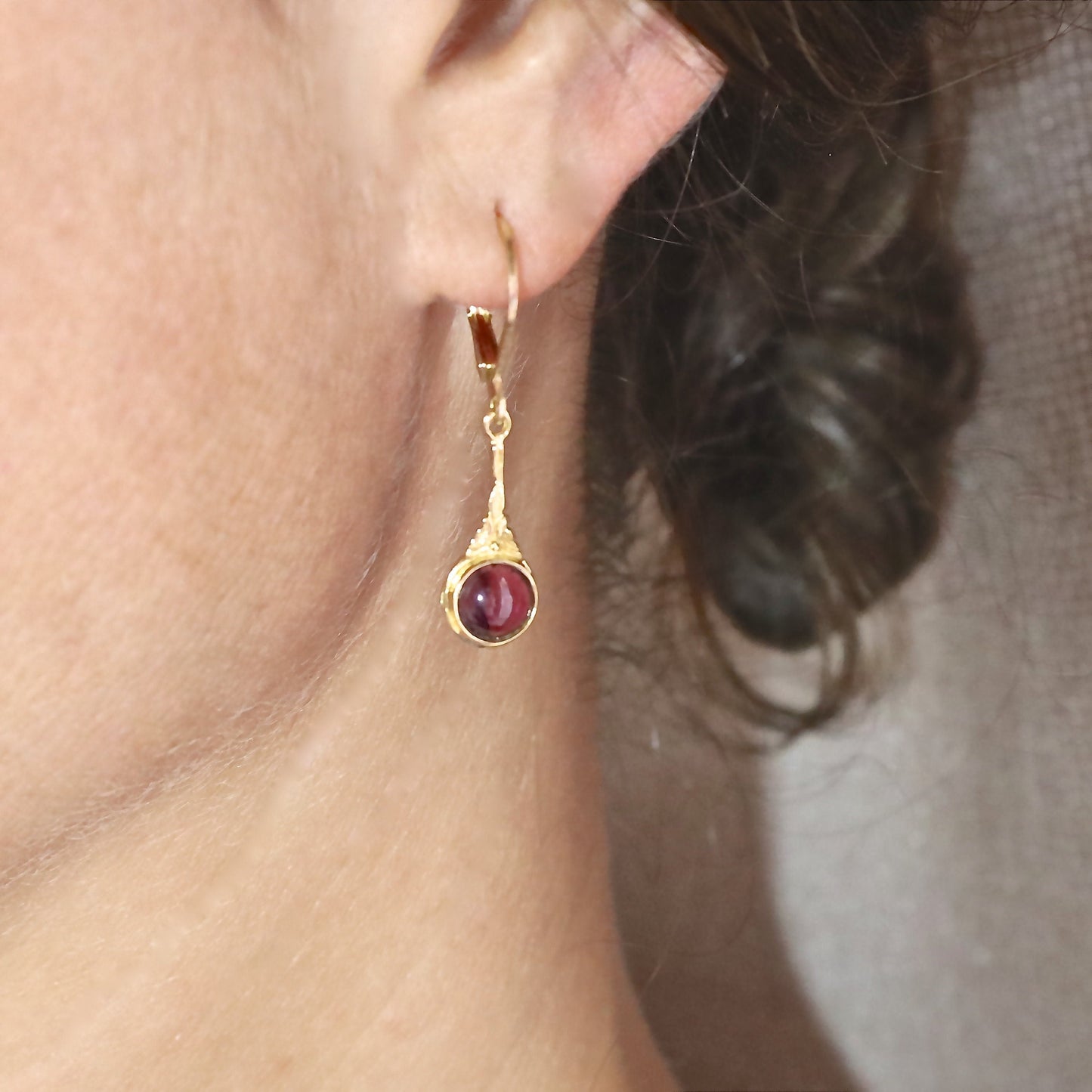 Garnet gold dangle earrings, Solid 14k gold victorian earrings