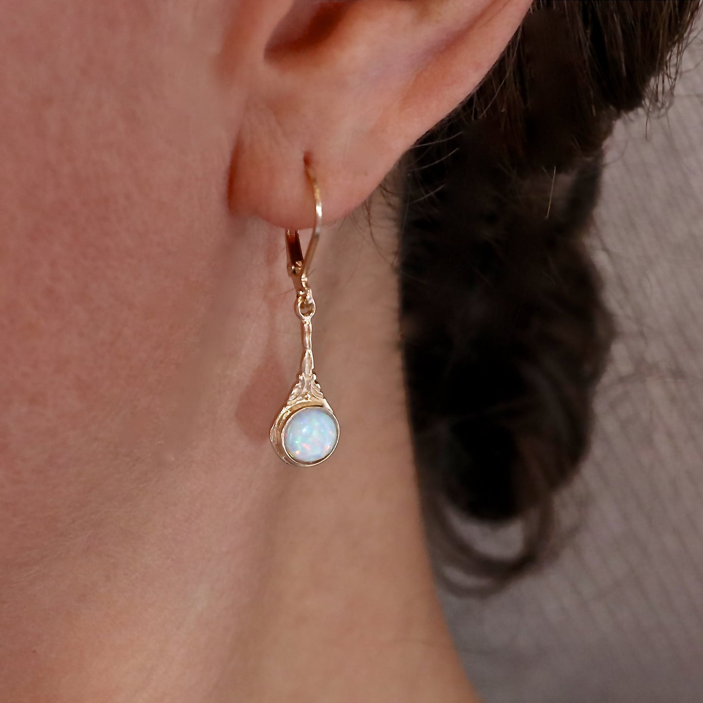 Solid 14k gold Opal earrings, White opal victorian earrings
