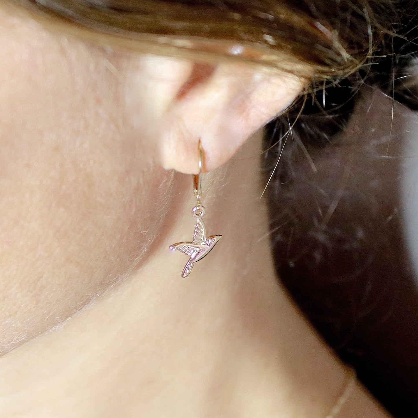 Bird solid 14k gold dangle earrings, Humming bird earrings