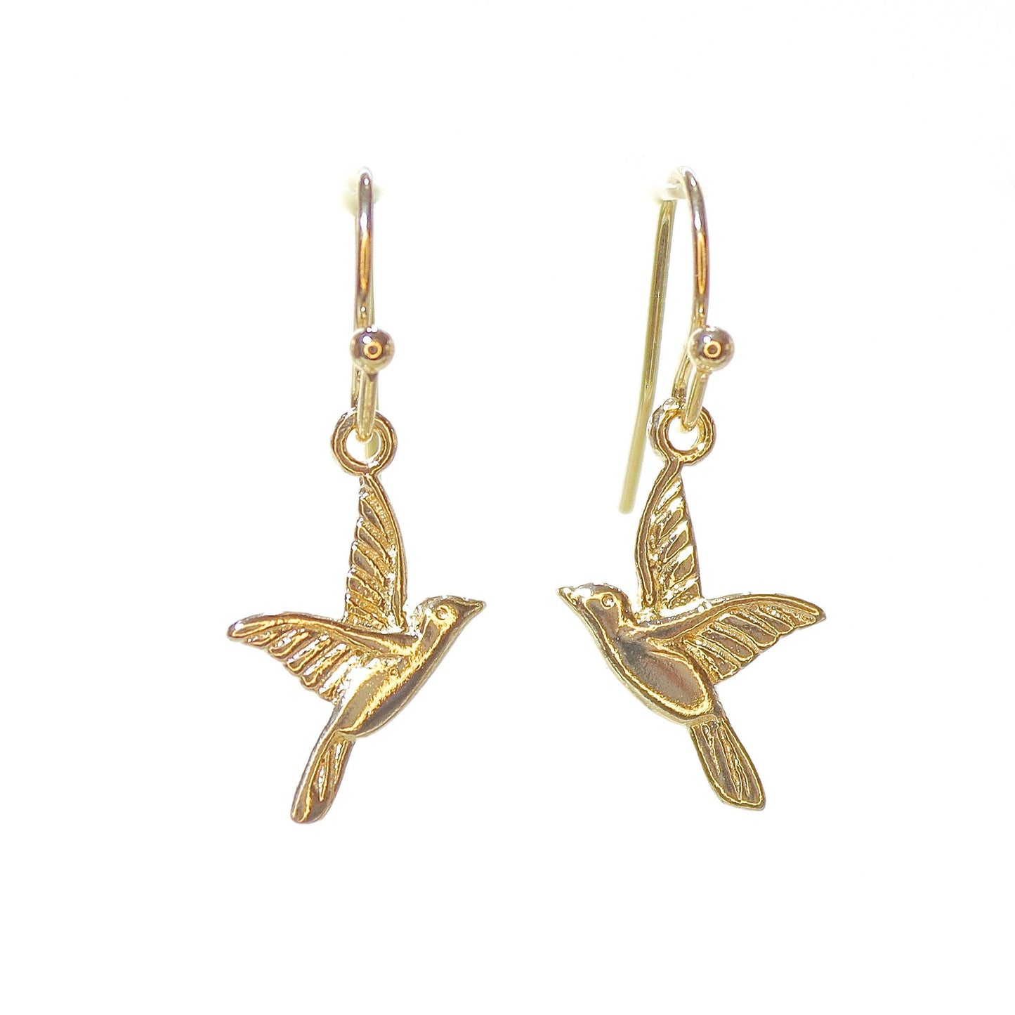 Bird solid 14k gold dangle earrings, Humming bird earrings