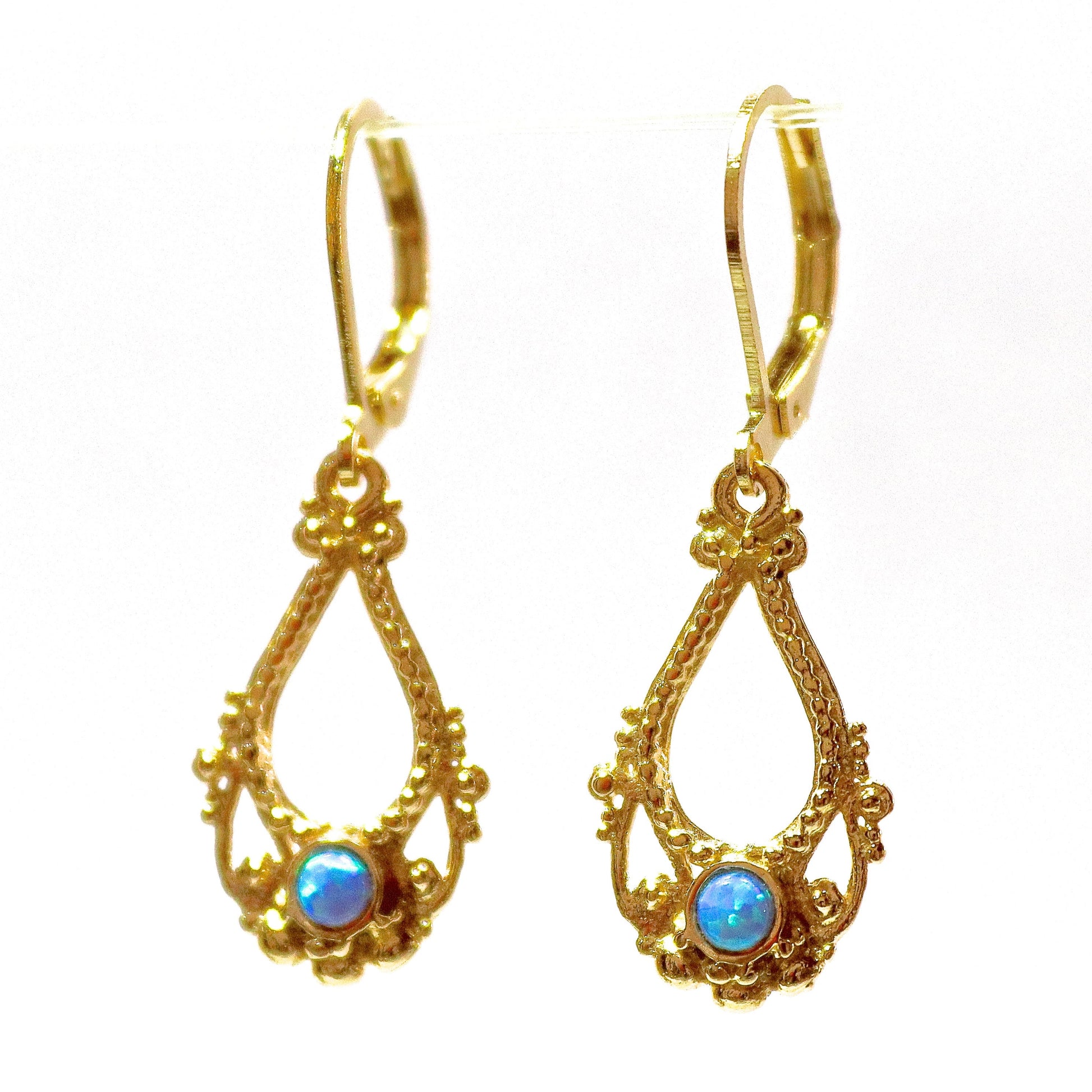 14K Gold Opal Dangle Earrings, Solid Gold Victorian Earrings, Vintage Style Jewelry, Anniversary Gift for Her