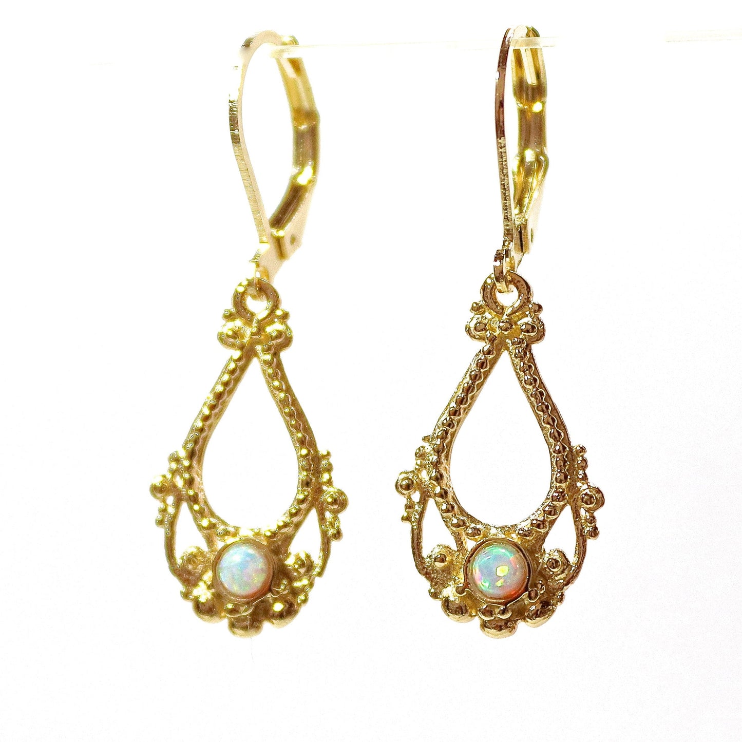 Opal earrings, Solid 14k gold dangle earring, White opal victorian style earringd