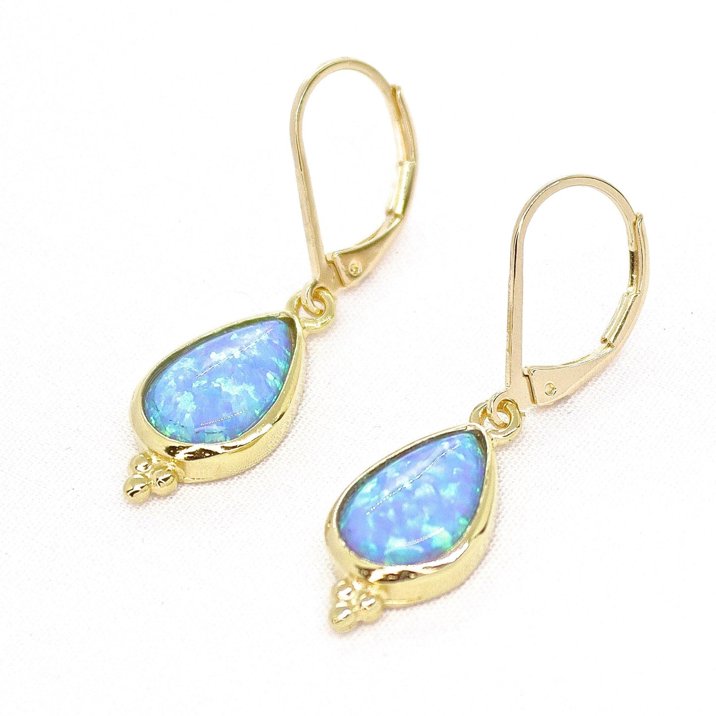 Opal gold earrings, Solid 14k gold blue Opal dangle earrings