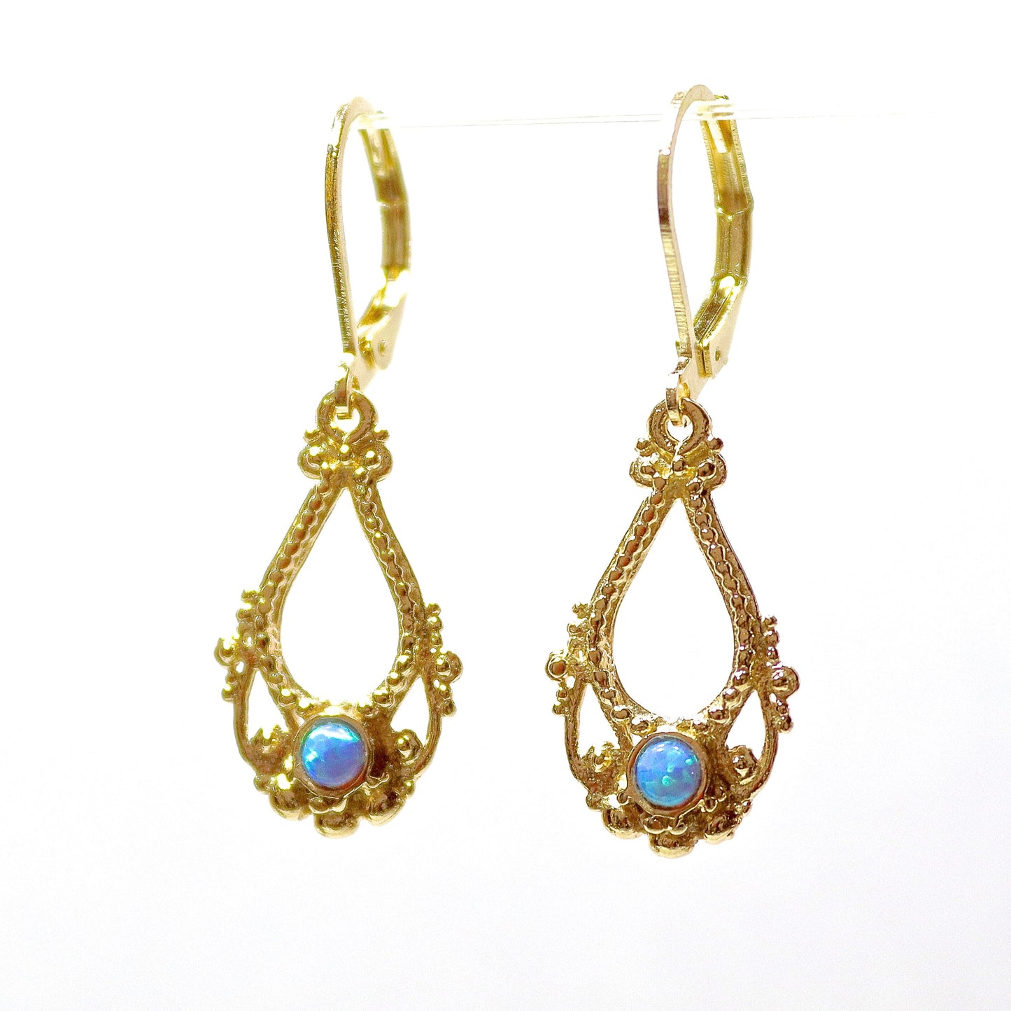 14K Gold Opal Dangle Earrings, Solid Gold Victorian Earrings, Vintage Style Jewelry, Anniversary Gift for Her