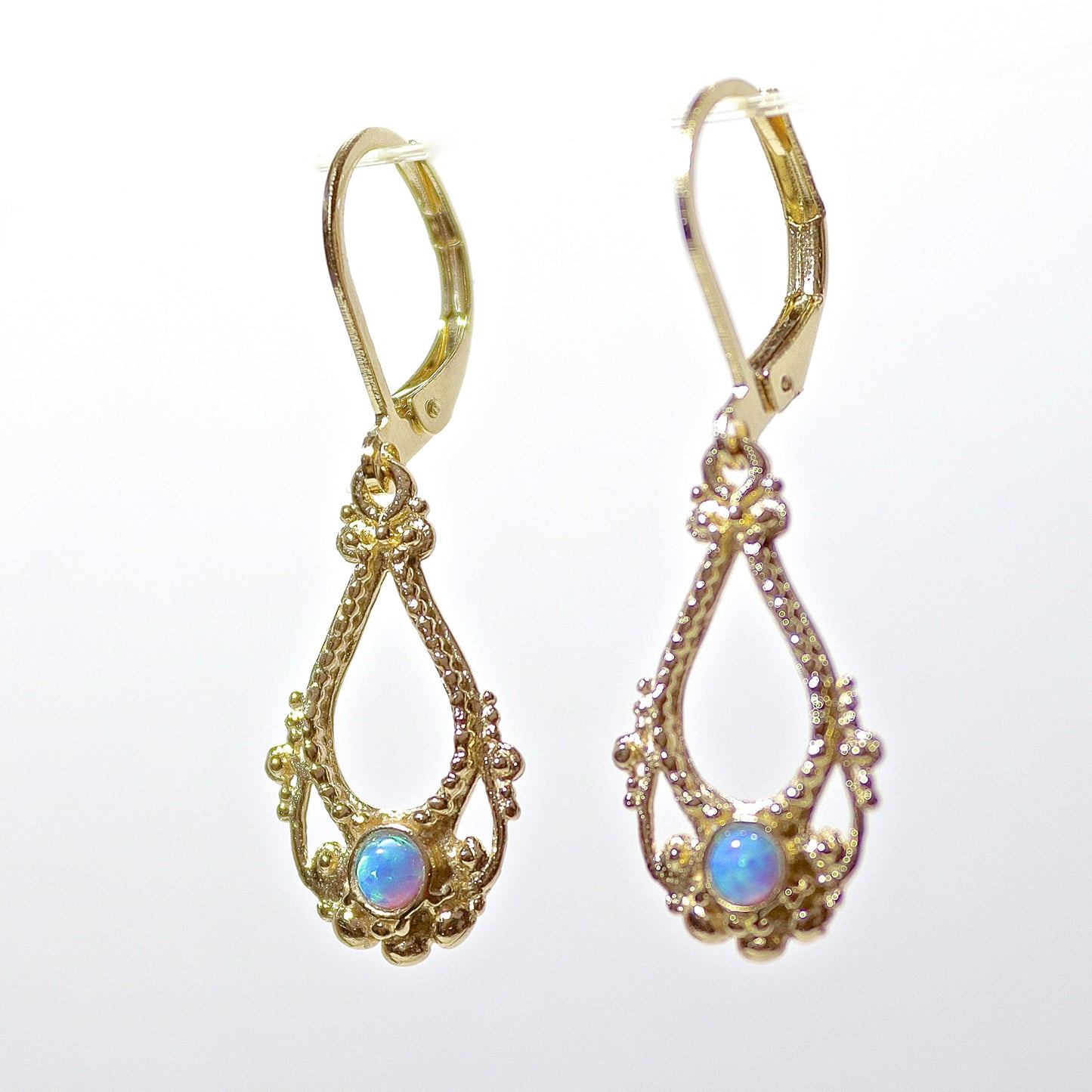 14K Gold Opal Dangle Earrings, Solid Gold Victorian Earrings, Vintage Style Jewelry, Anniversary Gift for Her