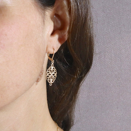 Filigree 14k solid gold dangle earrings for woman