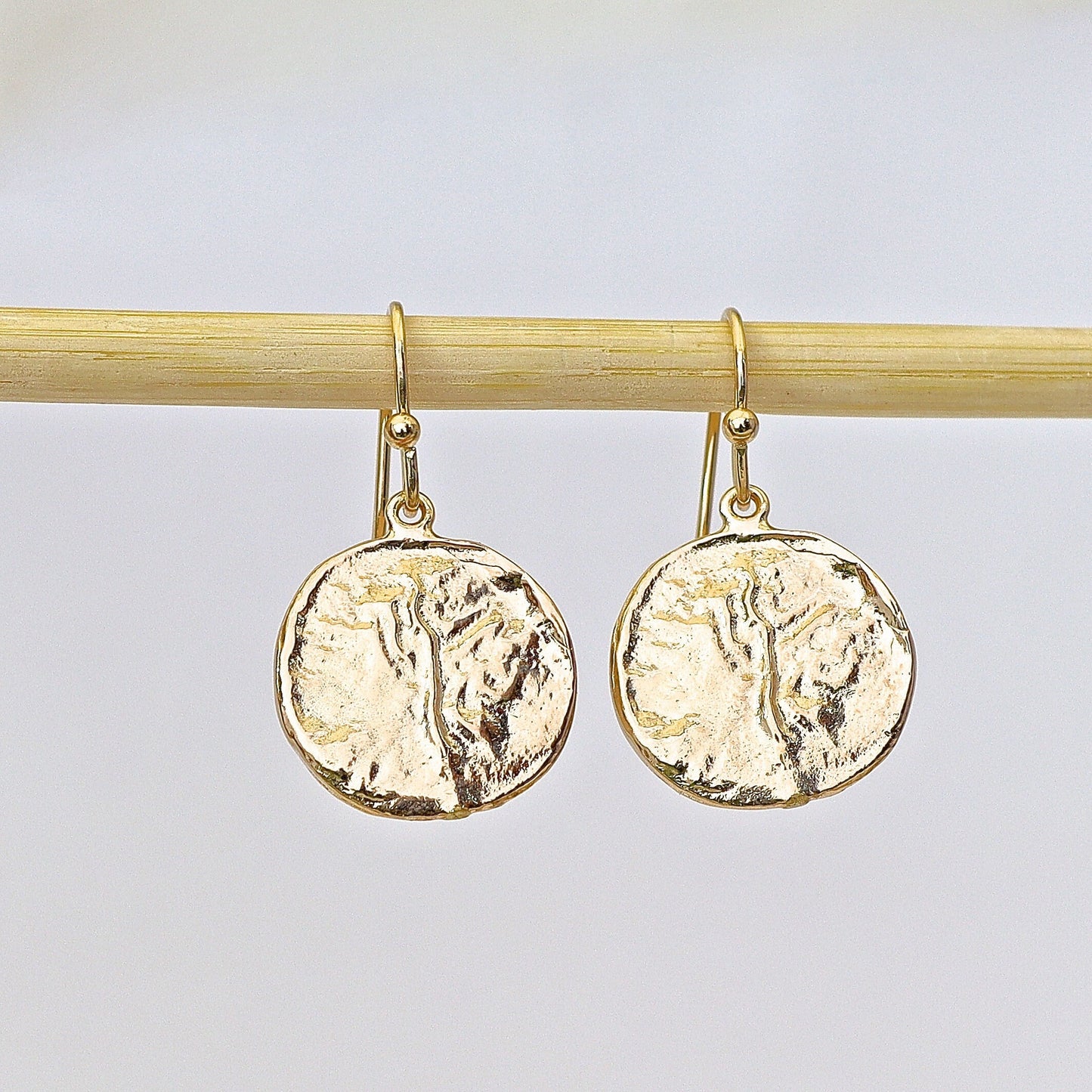 14k Gold Disc Dangle Earring, Textured Coin Circle Design, Boho Jewelry