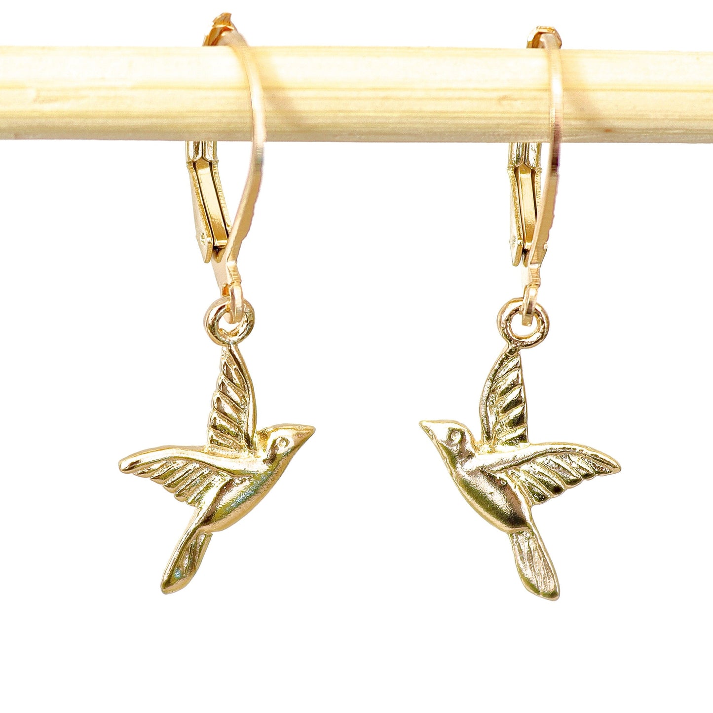 Bird solid 14k gold dangle earrings, Humming bird earrings