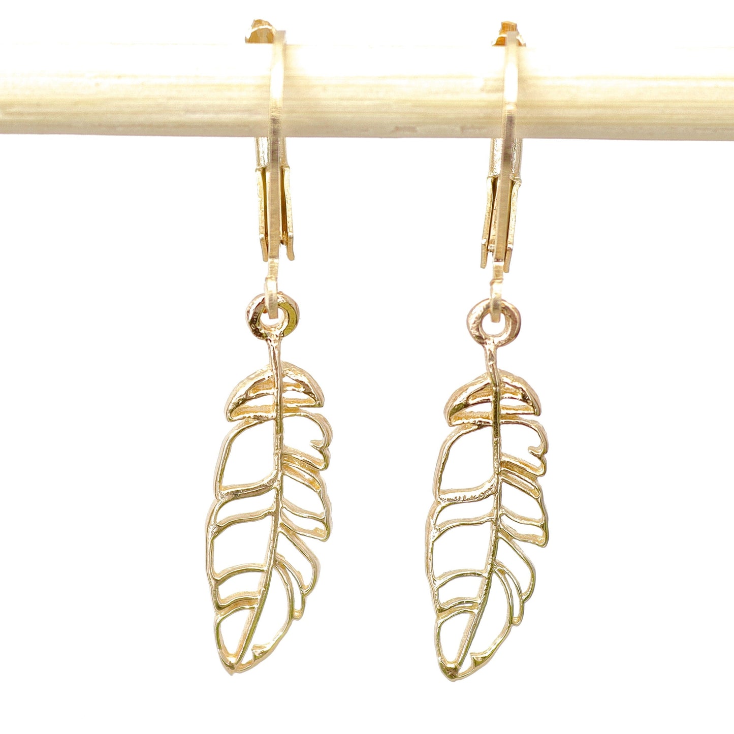 Gold feather earrings, 14k solid Gold feather dangle Earrings