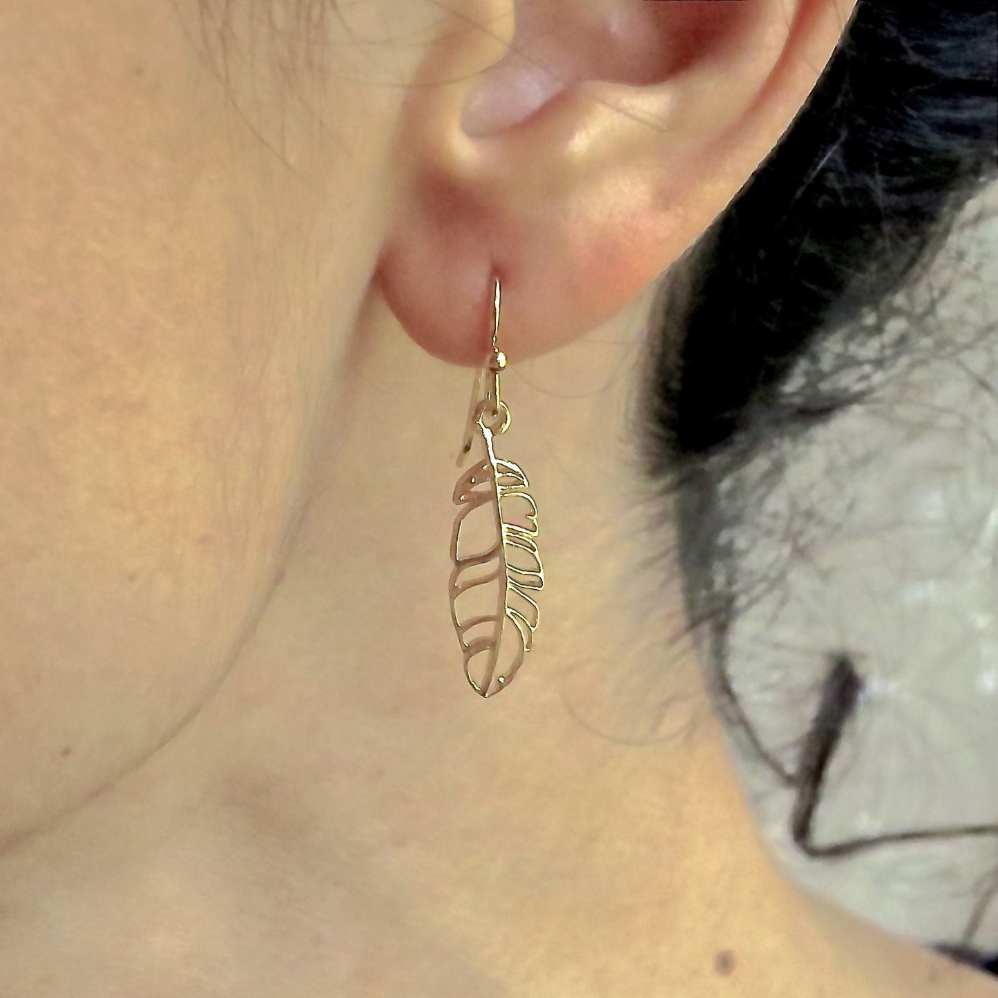 Gold feather earrings, 14k solid Gold feather dangle Earrings