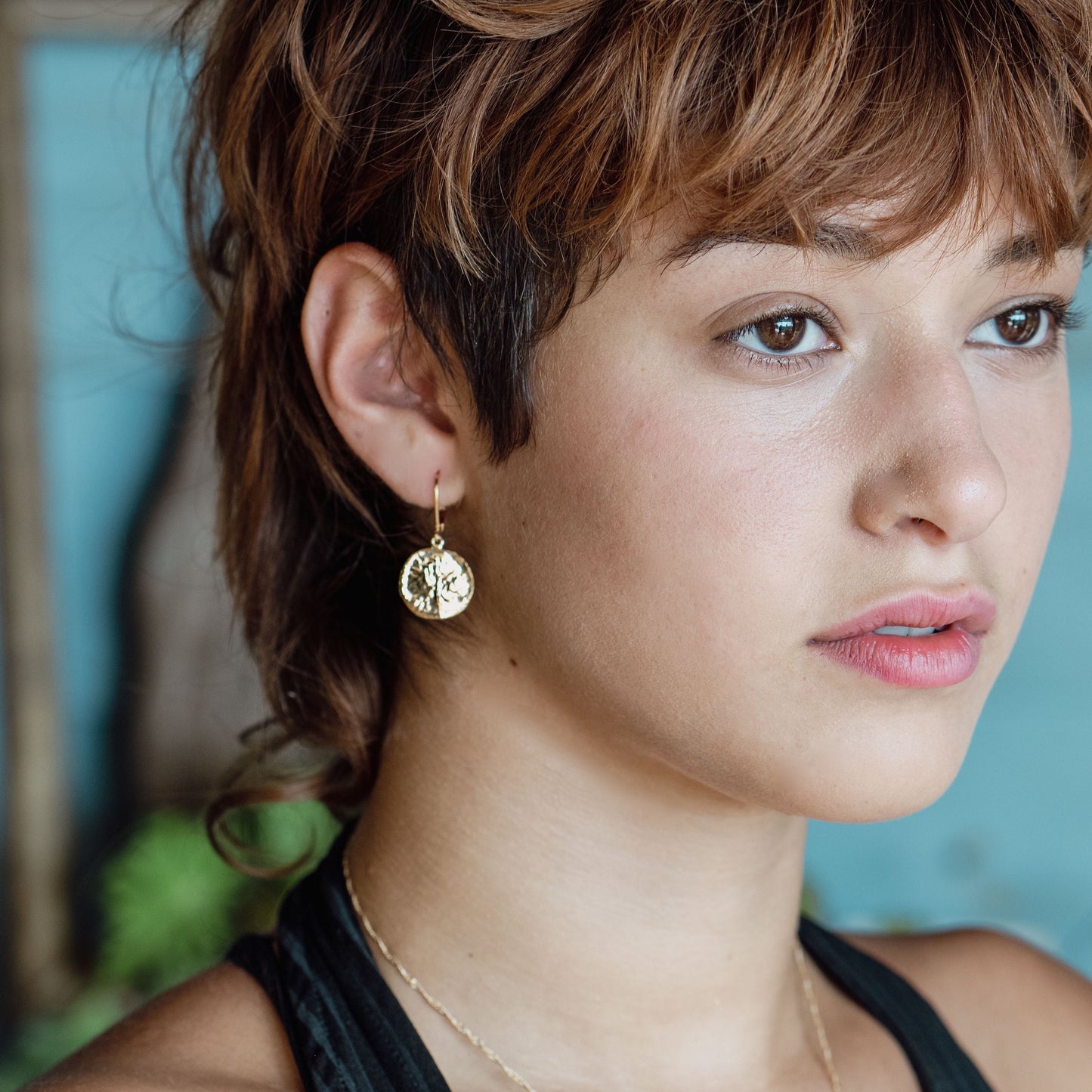14k Gold Disc Dangle Earring, Textured Coin Circle Design, Boho Jewelry