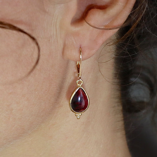 Garnet drop gold earrings, Real solid 14k gold Garnet teardrop dangle earring