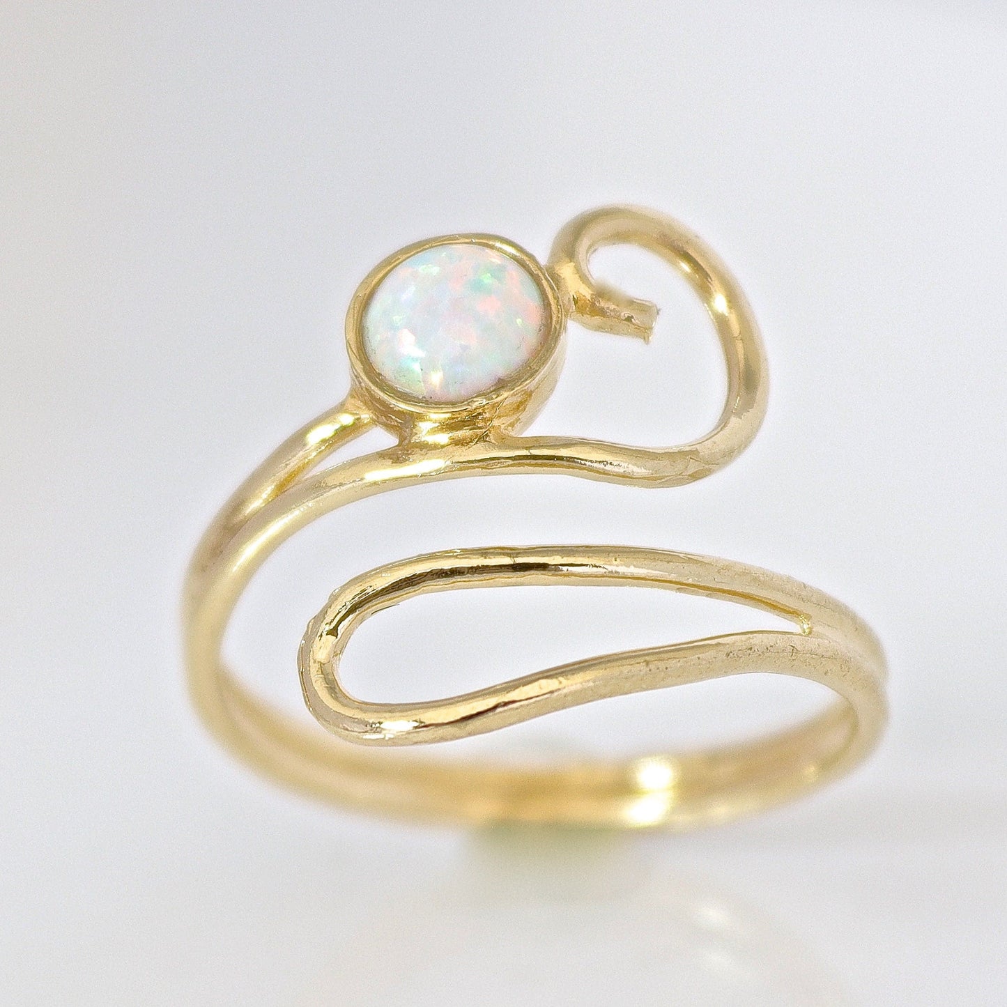 Opal gold ring, Adjustable white opal solid 14k gold ring