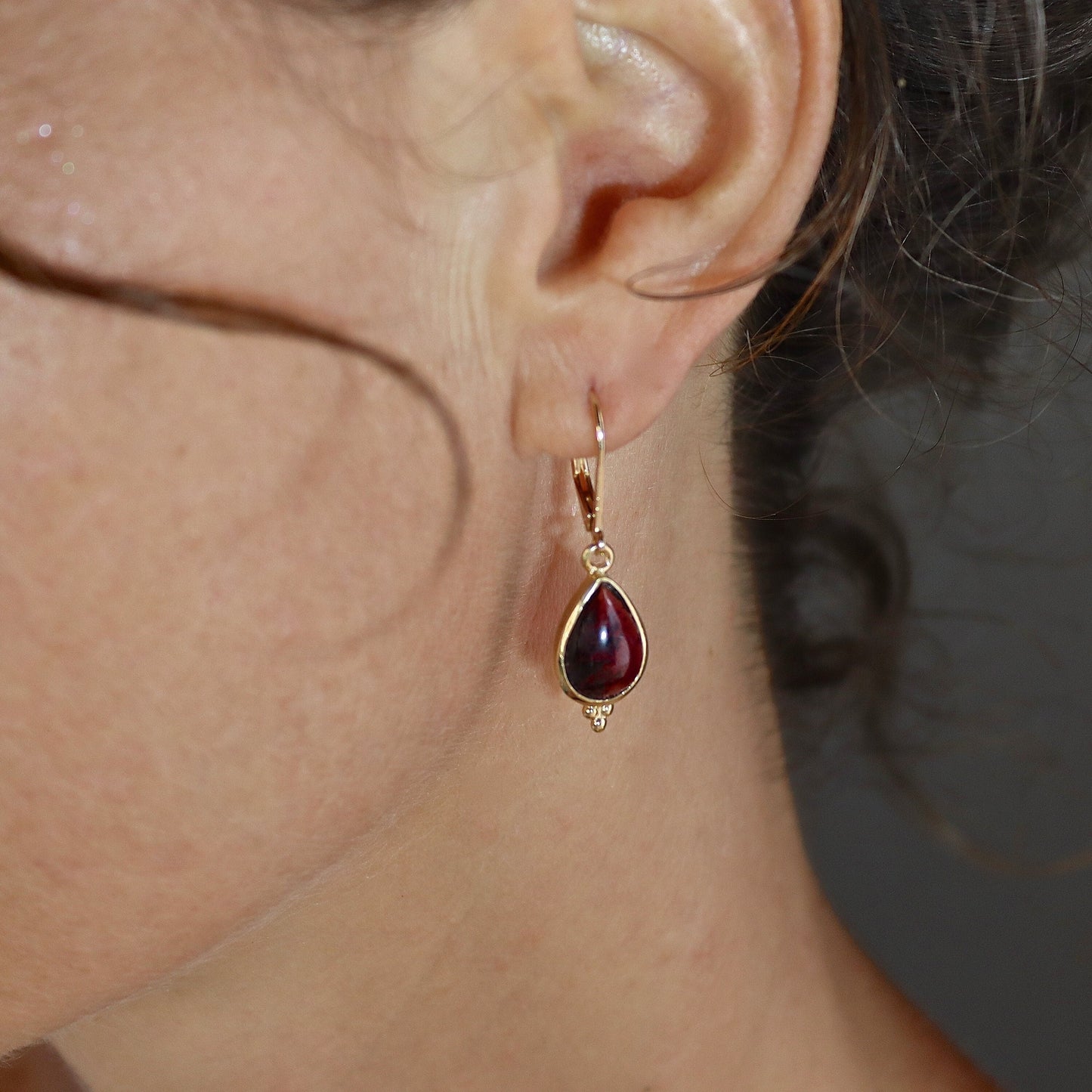 Garnet drop gold earrings, Real solid 14k gold Garnet teardrop dangle earring