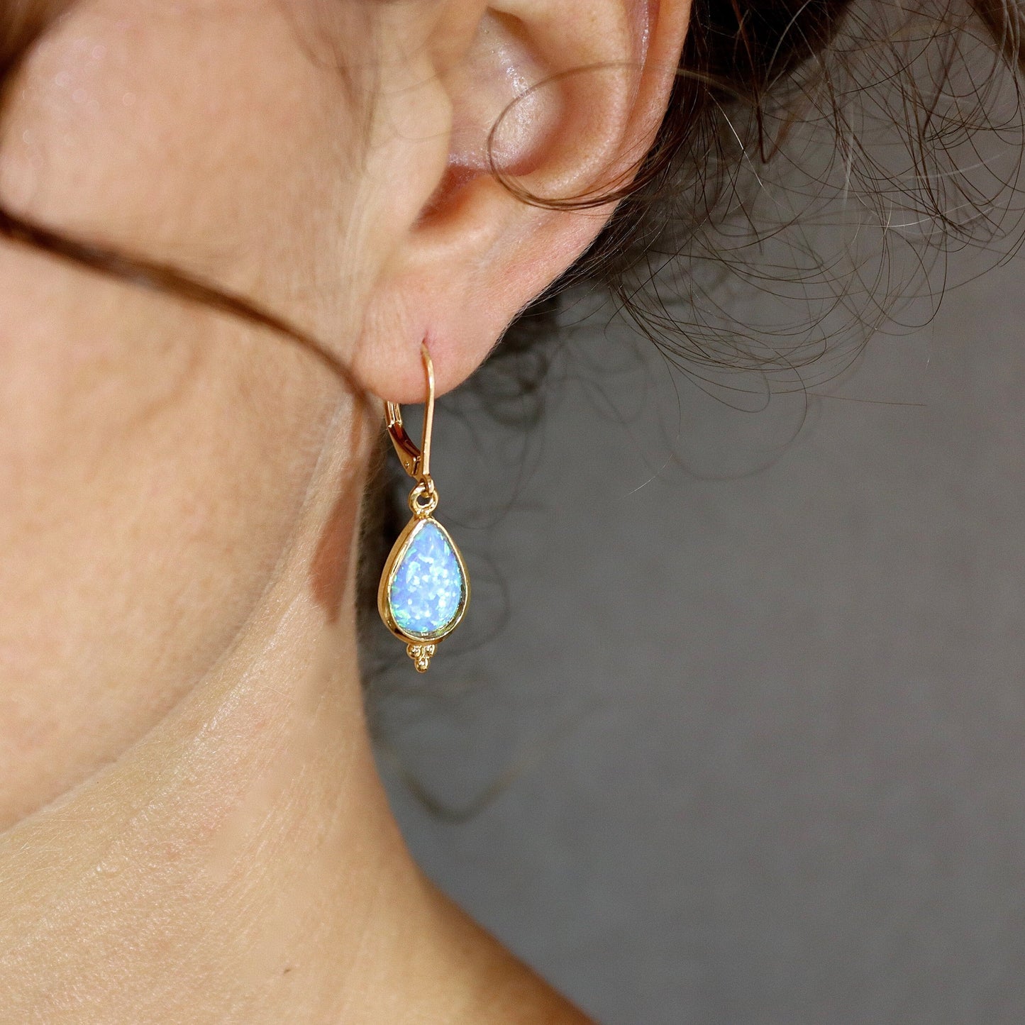 Opal gold earrings, Solid 14k gold blue Opal dangle earrings