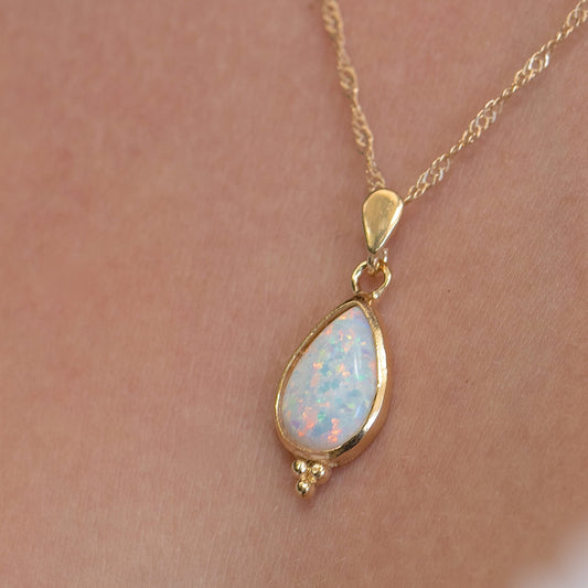 Opal drop Necklace, Gold white opal necklace, Elegant drop gold Pendant for women